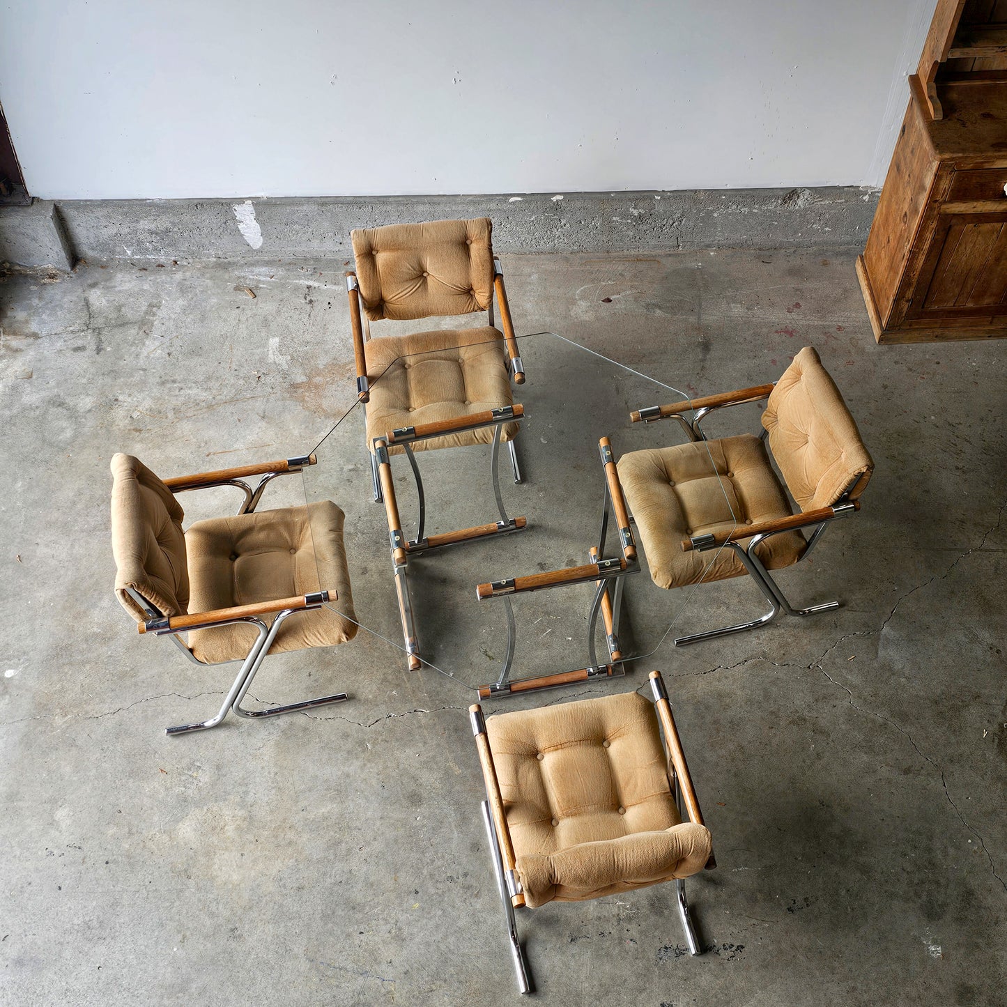 Circa 1970s Chrome & Glass Dining Set with Oak Armchairs 5-Piece Set