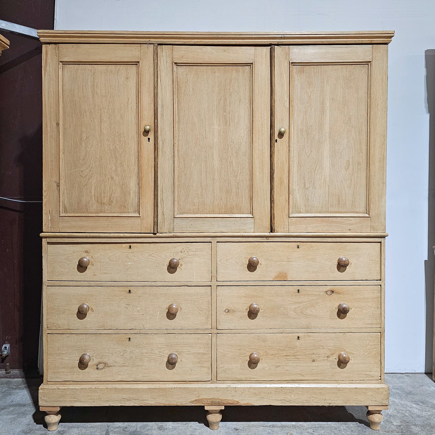 Stately Antique English Bleached Pine Linen Press Wardrobe - circa 1870