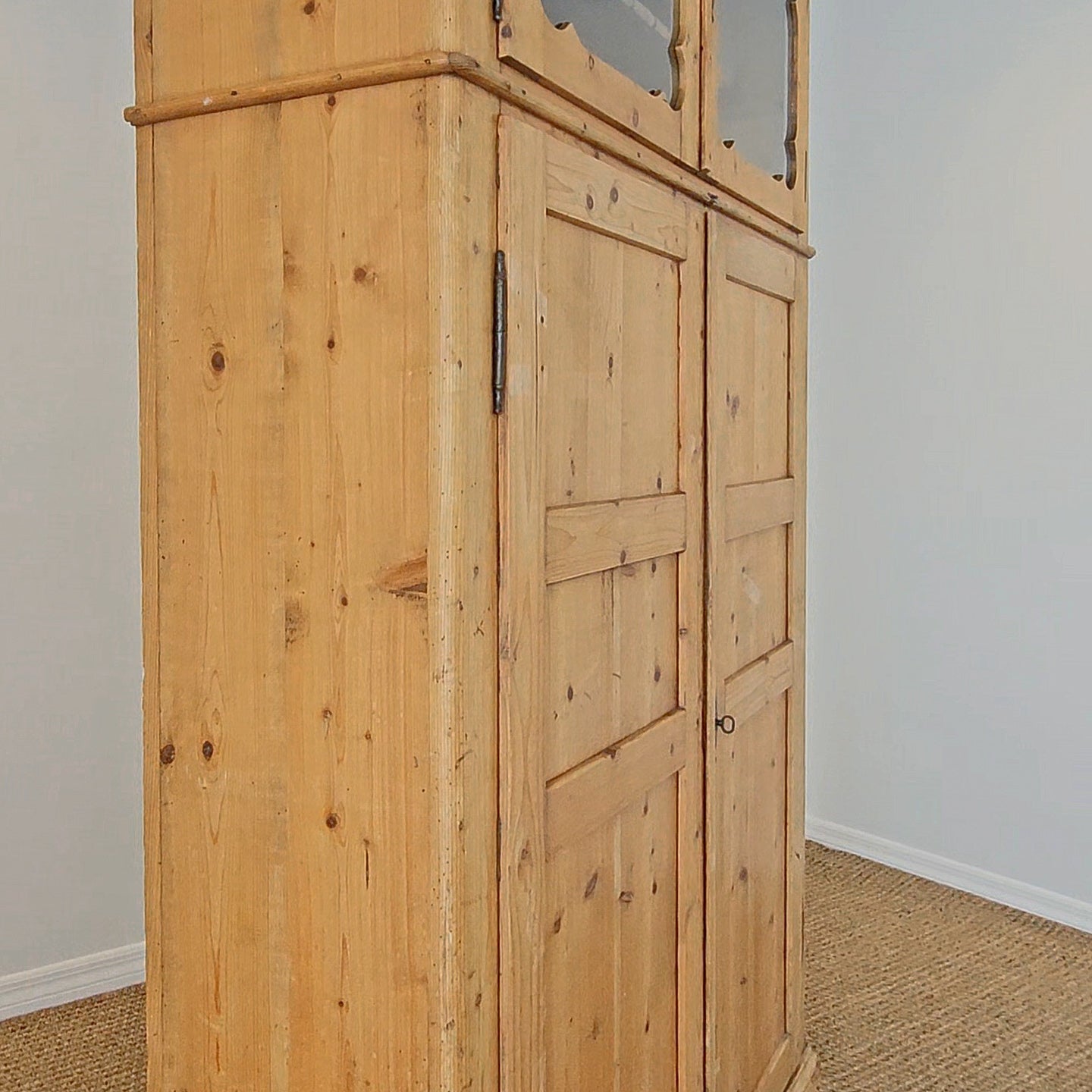 Antique Dutch Pine Kitchen Cabinet with glass doors