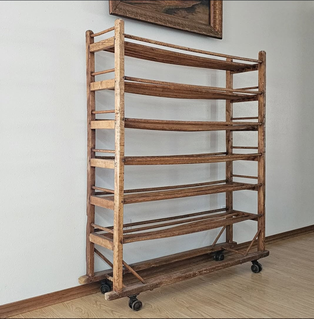 Antique Wooden Bakery Rack on Casters