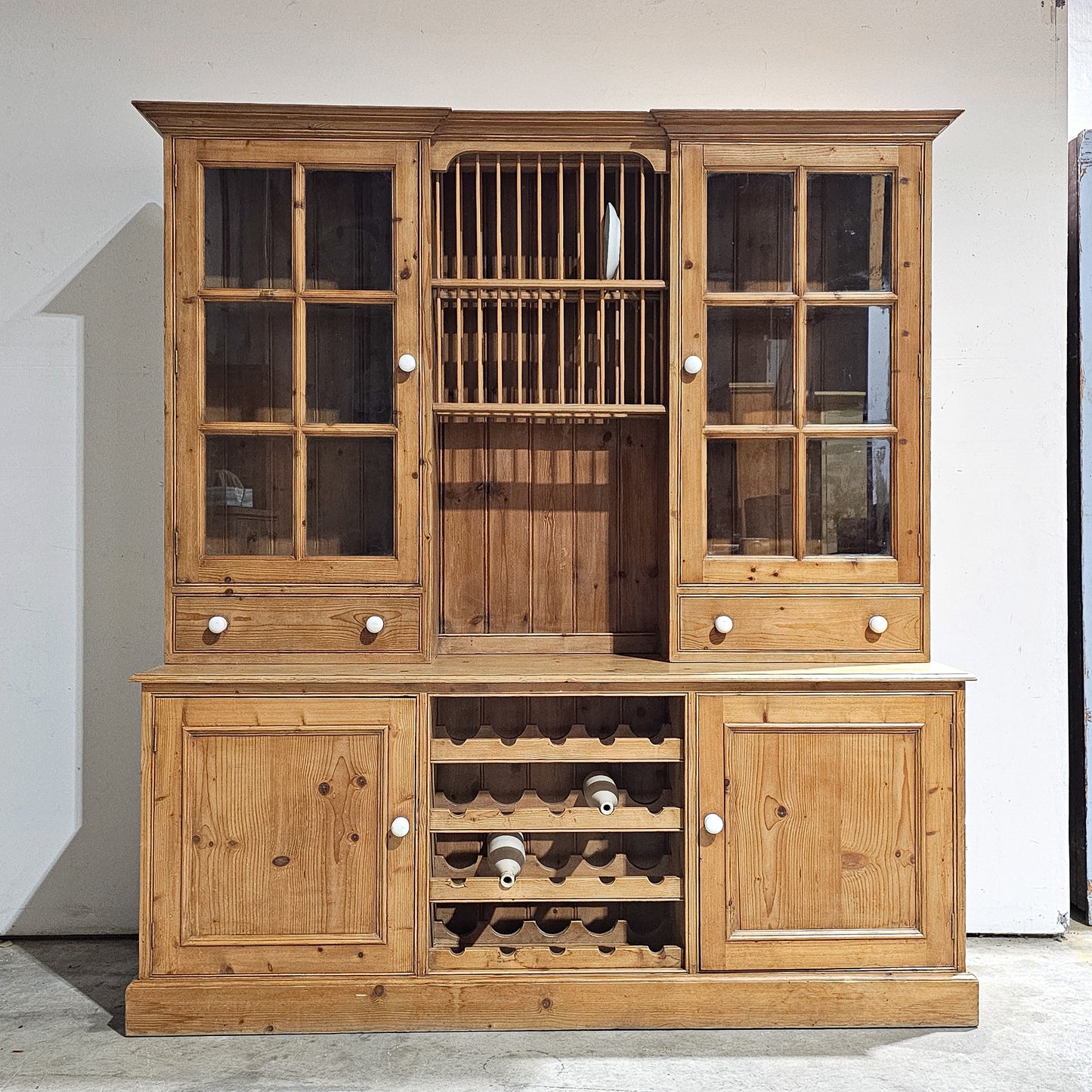 Vintage English Pine Kitchen Dresser with Plate Rack & Wine Storage