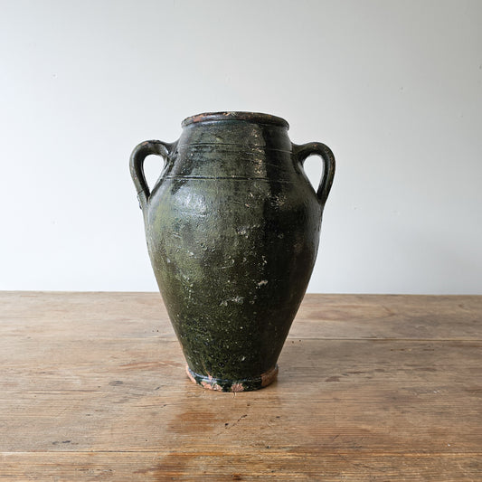 Vintage dark green glazed olive jug pottery