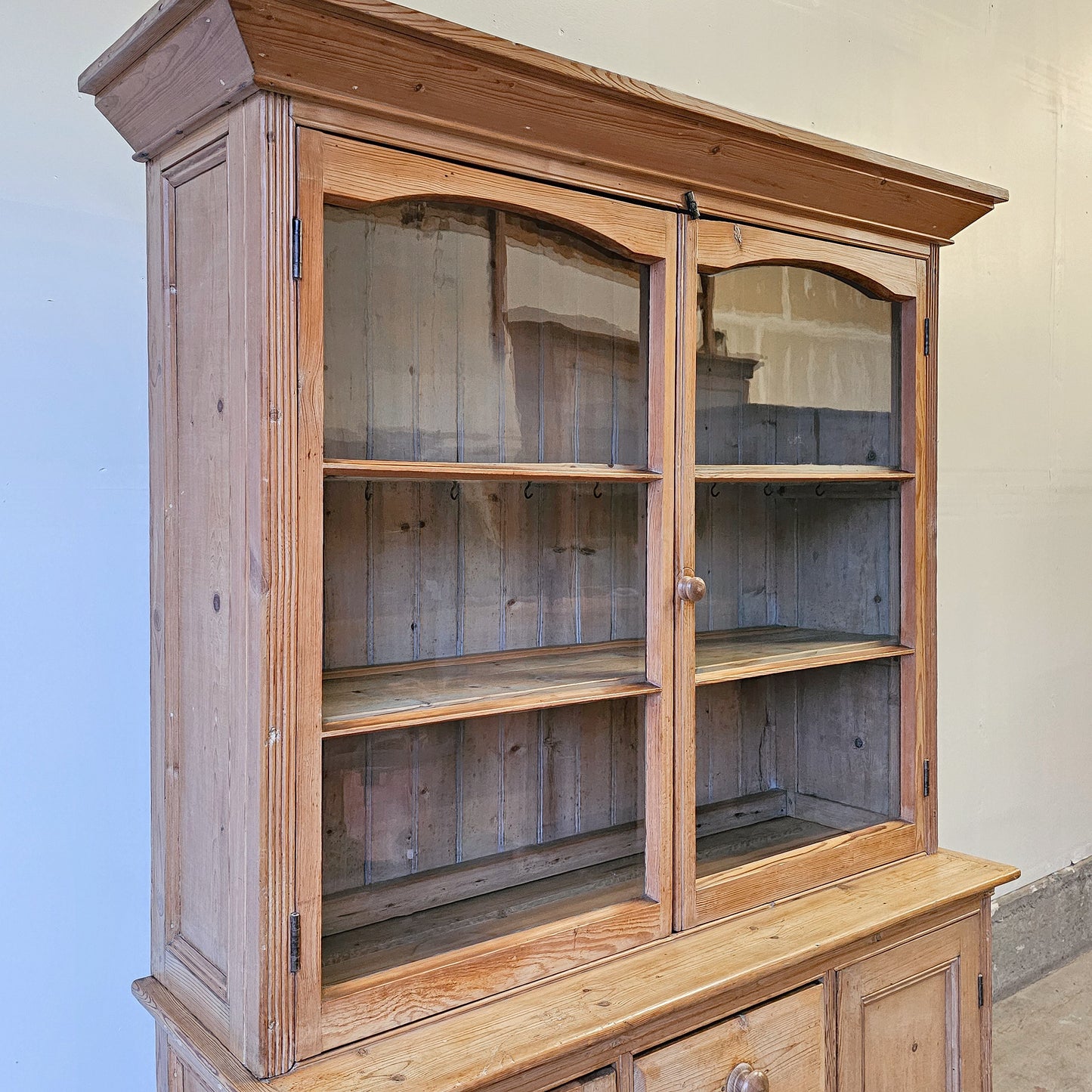 Antique Pine Glass-Front Hutch with Lower Cupboards & Drawers - Circa 1880