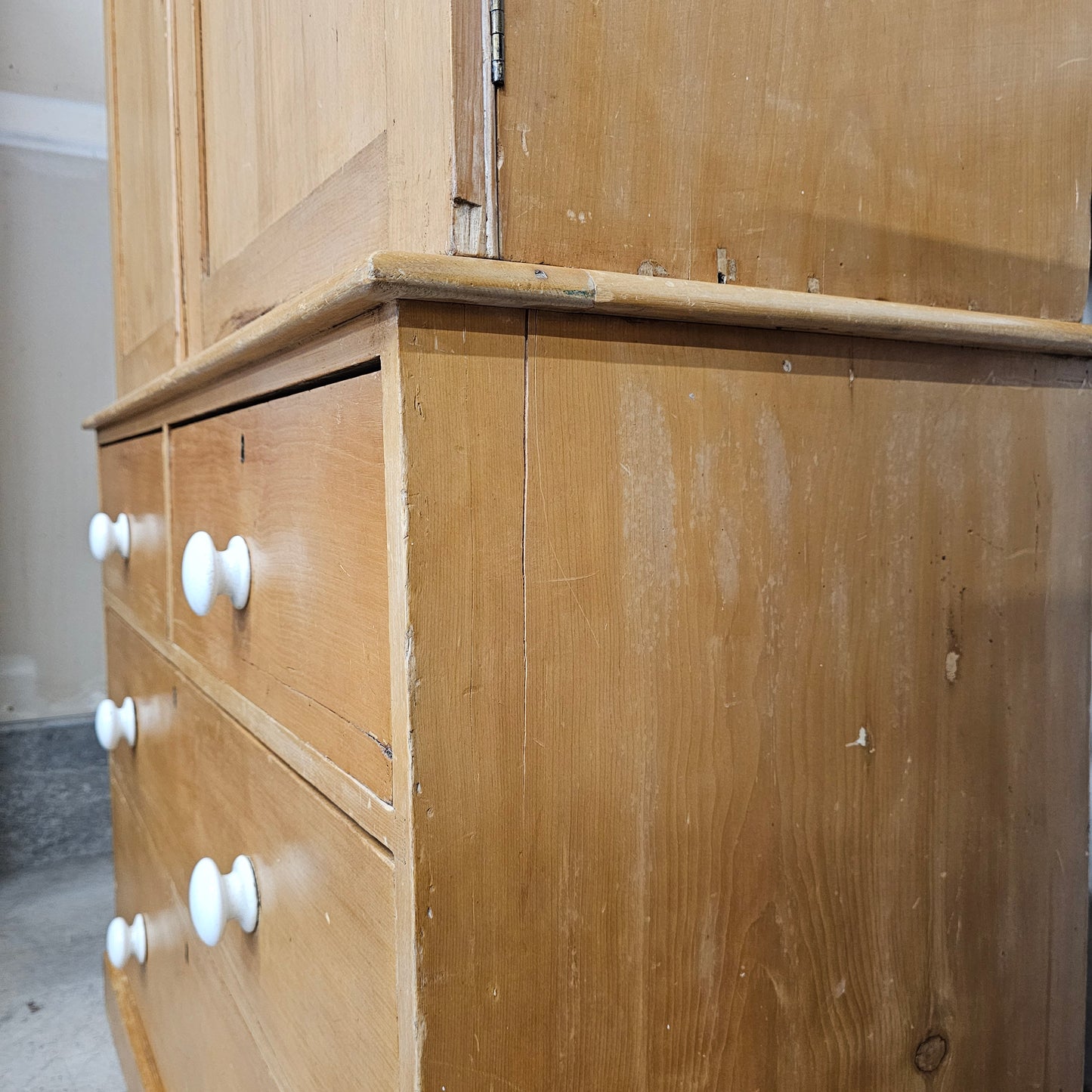 Antique English Pine Linen Press / Wardrobe - Circa 1890