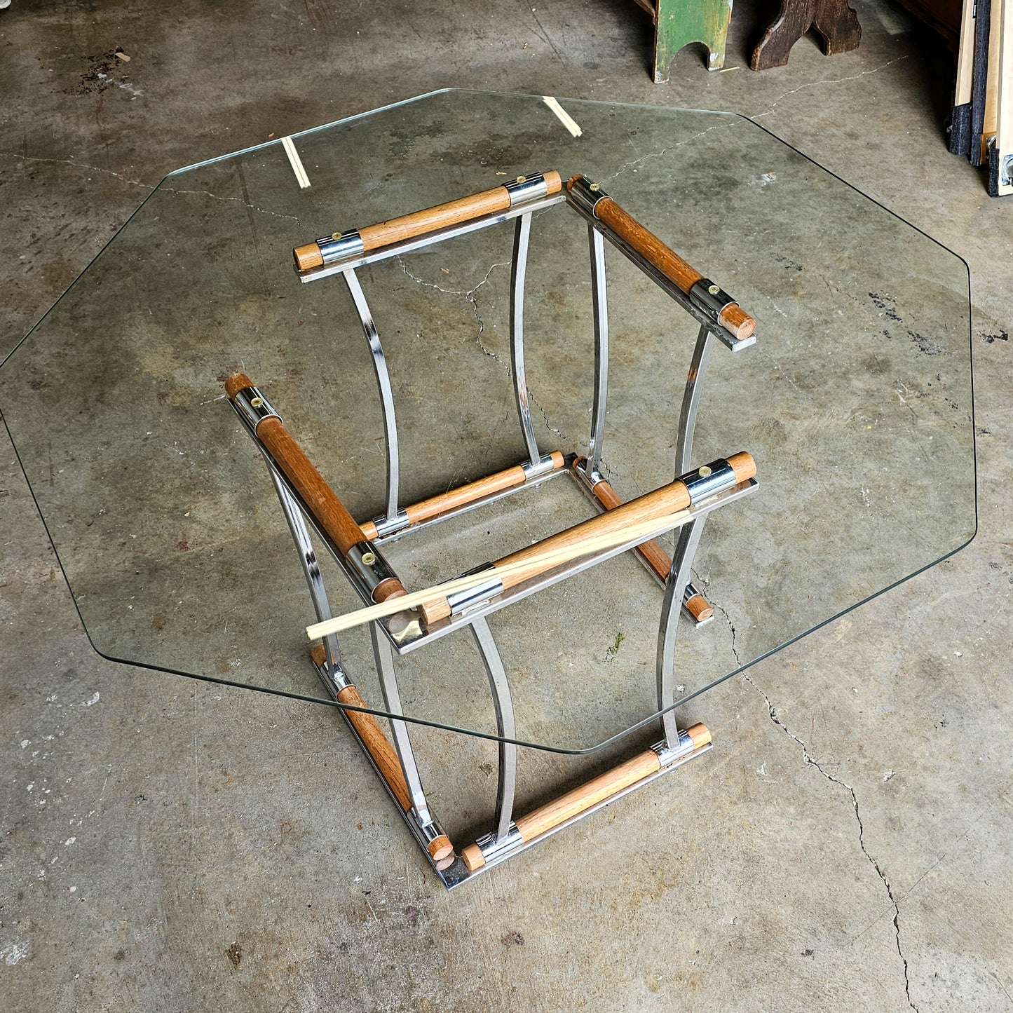 Circa 1970s Chrome & Glass Dining Set with Oak Armchairs 5-Piece Set