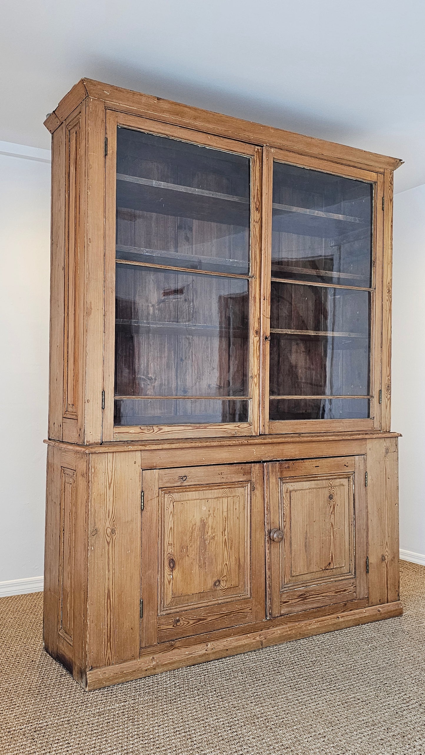 Grand Antique English Pine Cabinet with Glass Doors - Circa 1890