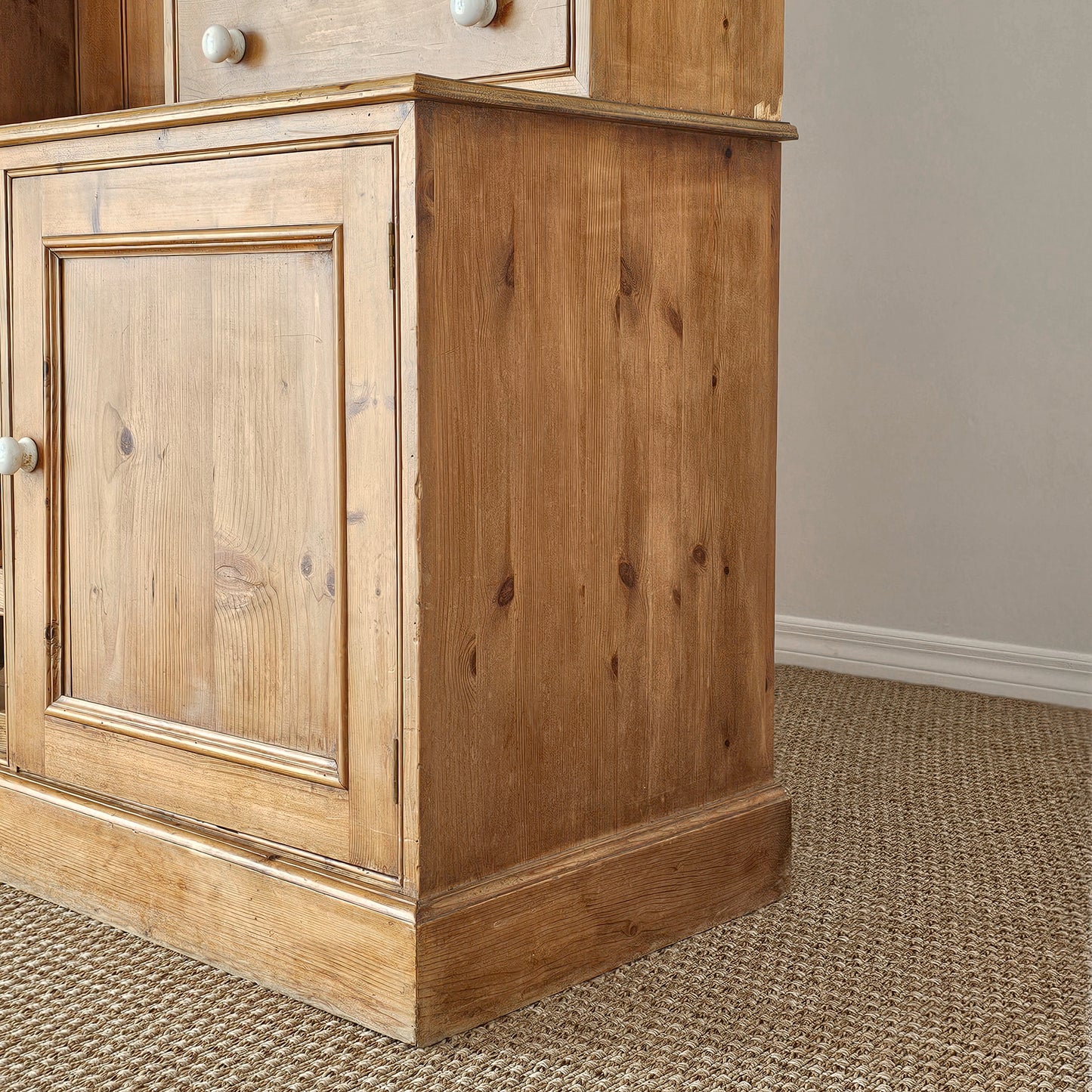 Vintage English Pine Kitchen Hutch with Plate Rack & Wine Storage