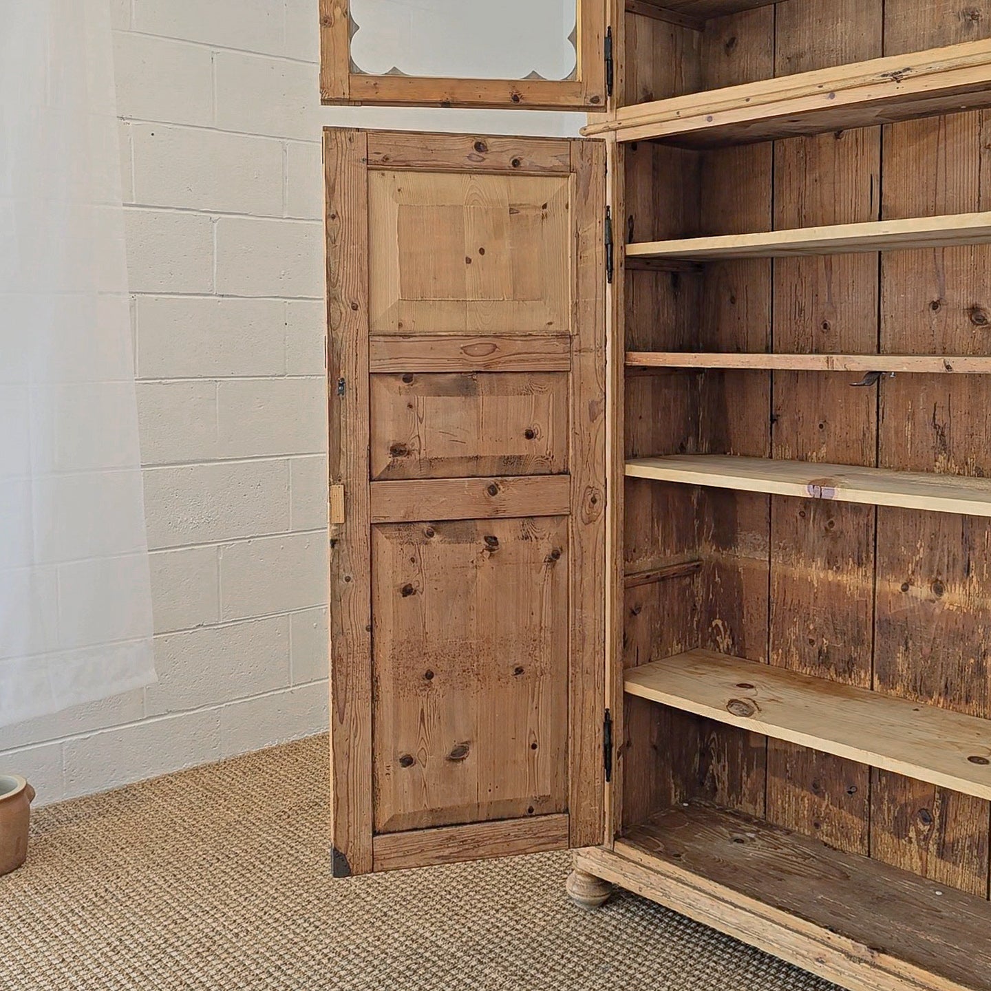 Antique Dutch Pine Kitchen Cabinet with glass doors