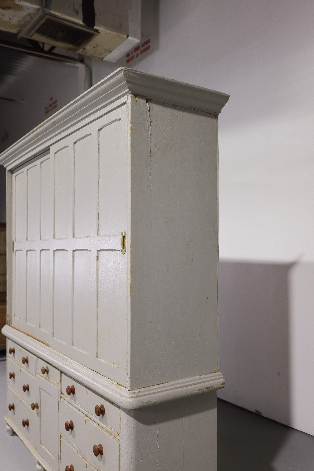 Massive Antique English Painted Pine Housekeeper’s Cupboard Sliding Doors Circa 1880