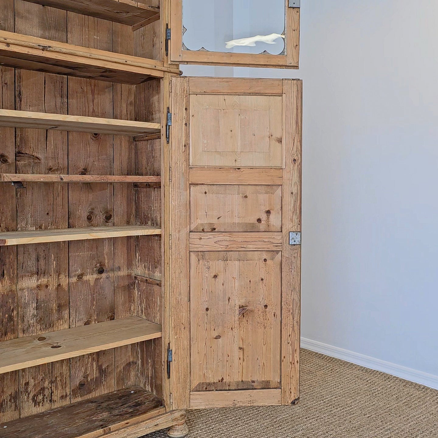Antique Dutch Pine Kitchen Cabinet with glass doors