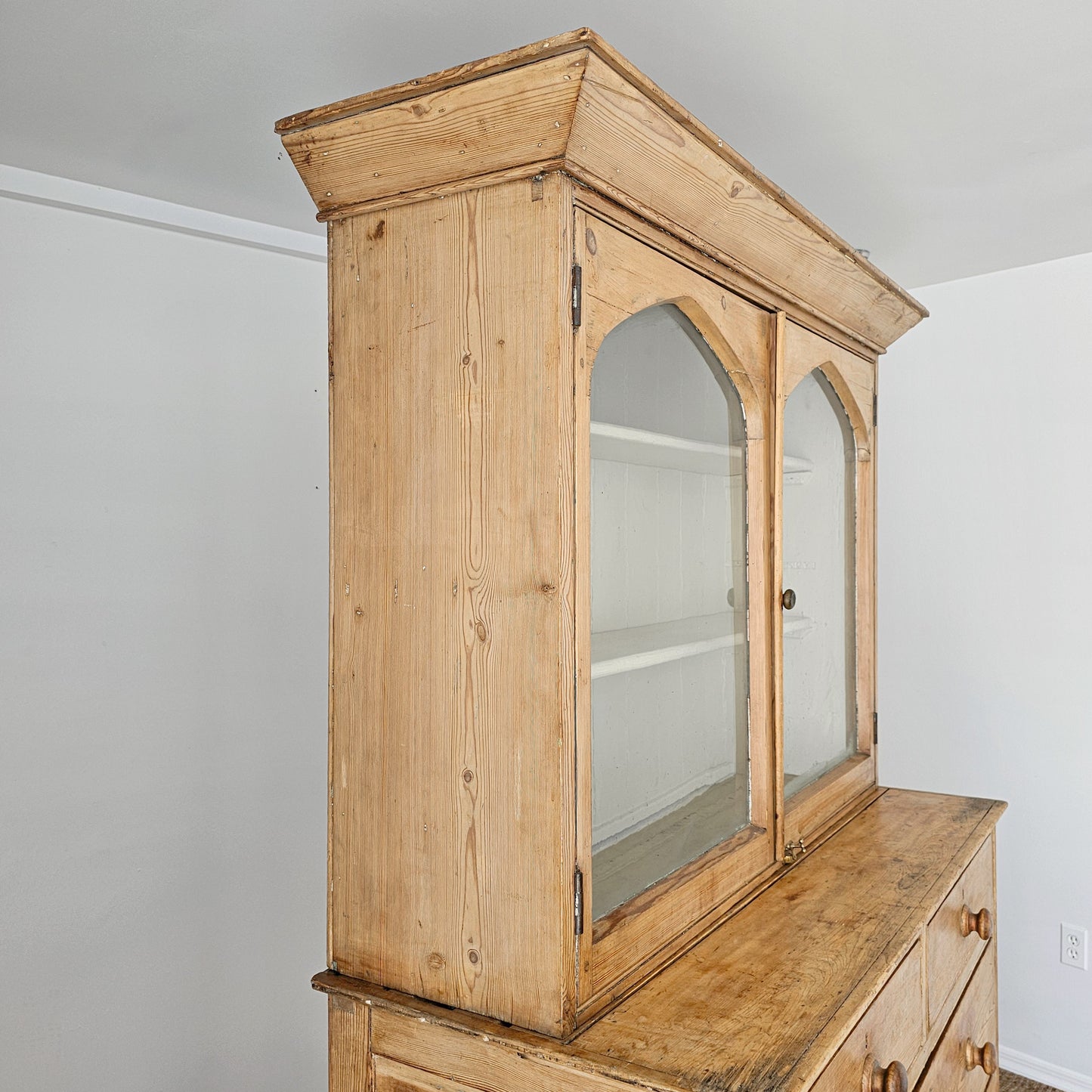 Antique English Pine Glazed Dresser Display Cabinet - Circa 1880