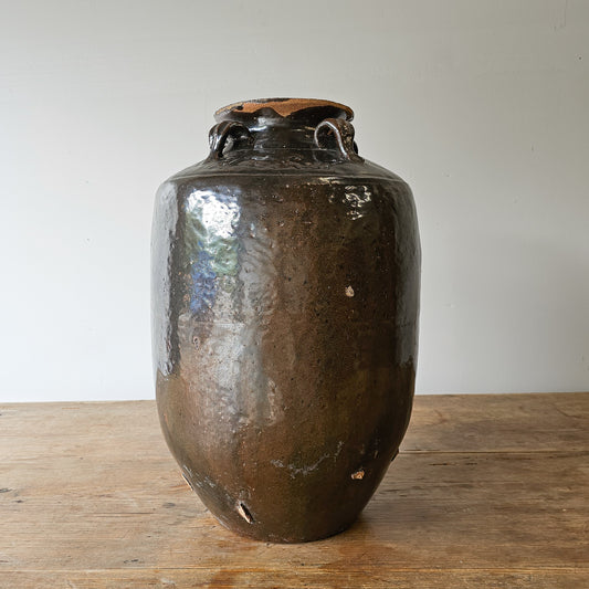 Brown Glazed Clay Vase with Handles – Vintage Rice Wine Jar