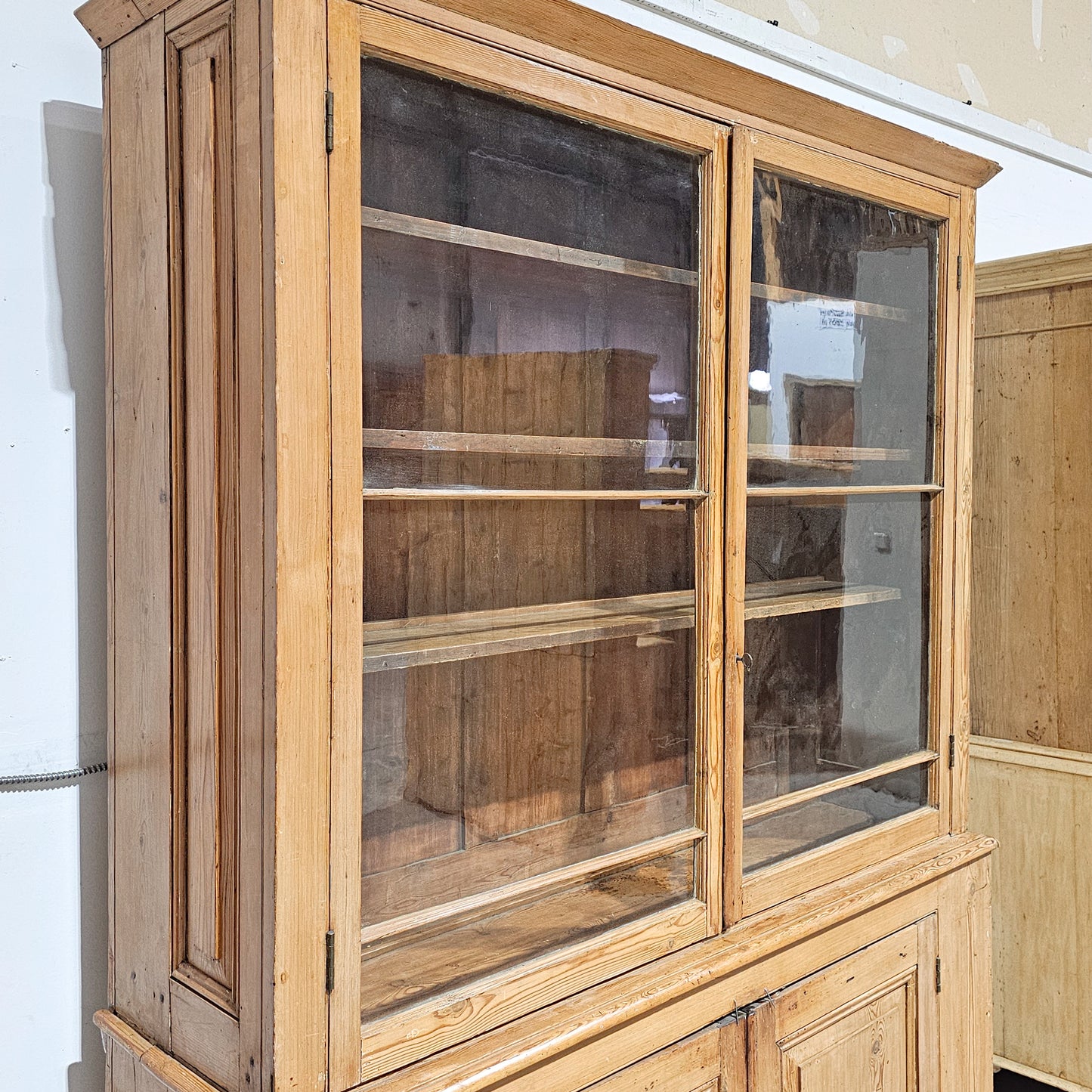 Grand Antique English Pine Cabinet with Glass Doors - Circa 1890