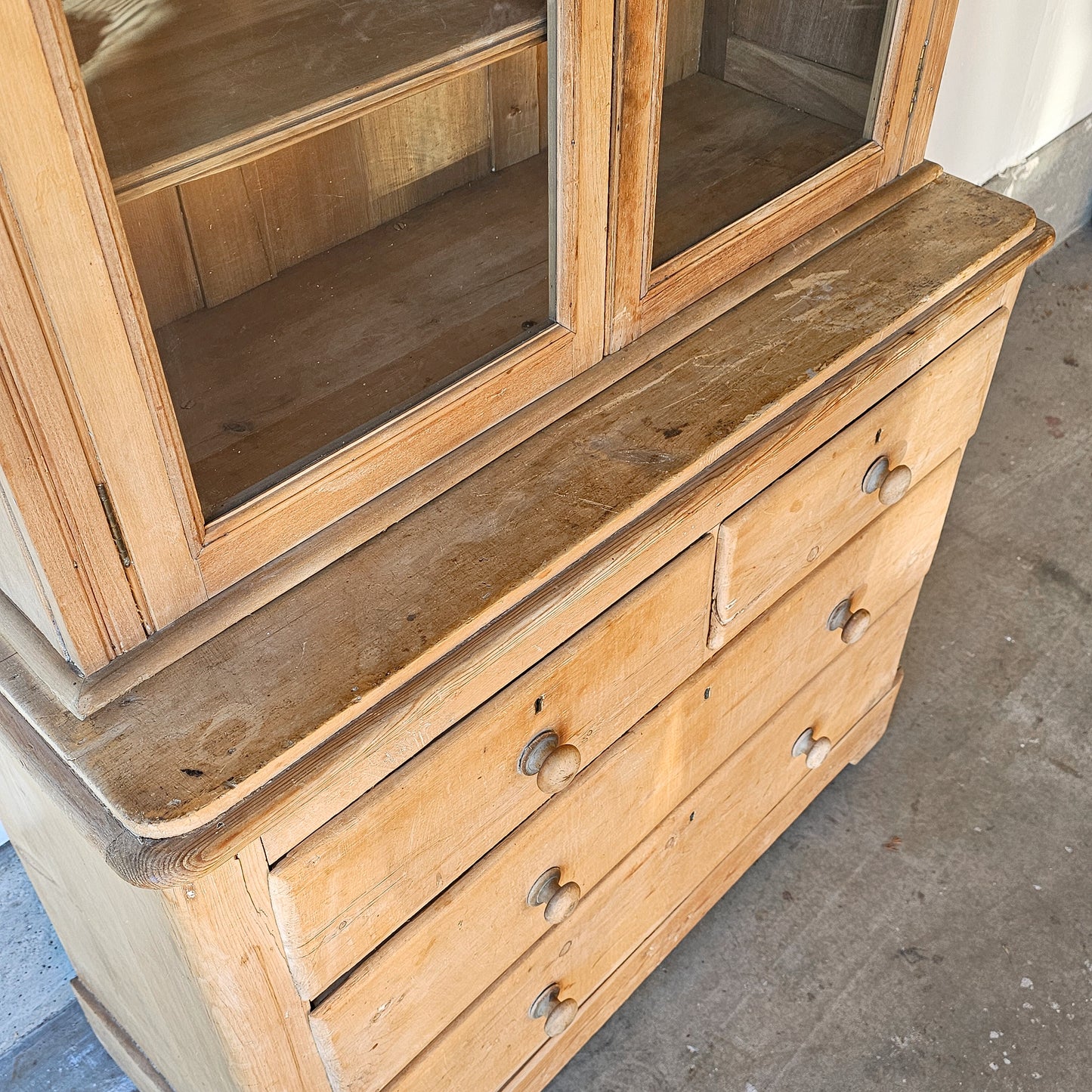 Antique English Pine Glazed Dresser / Bookcase - Circa 1880