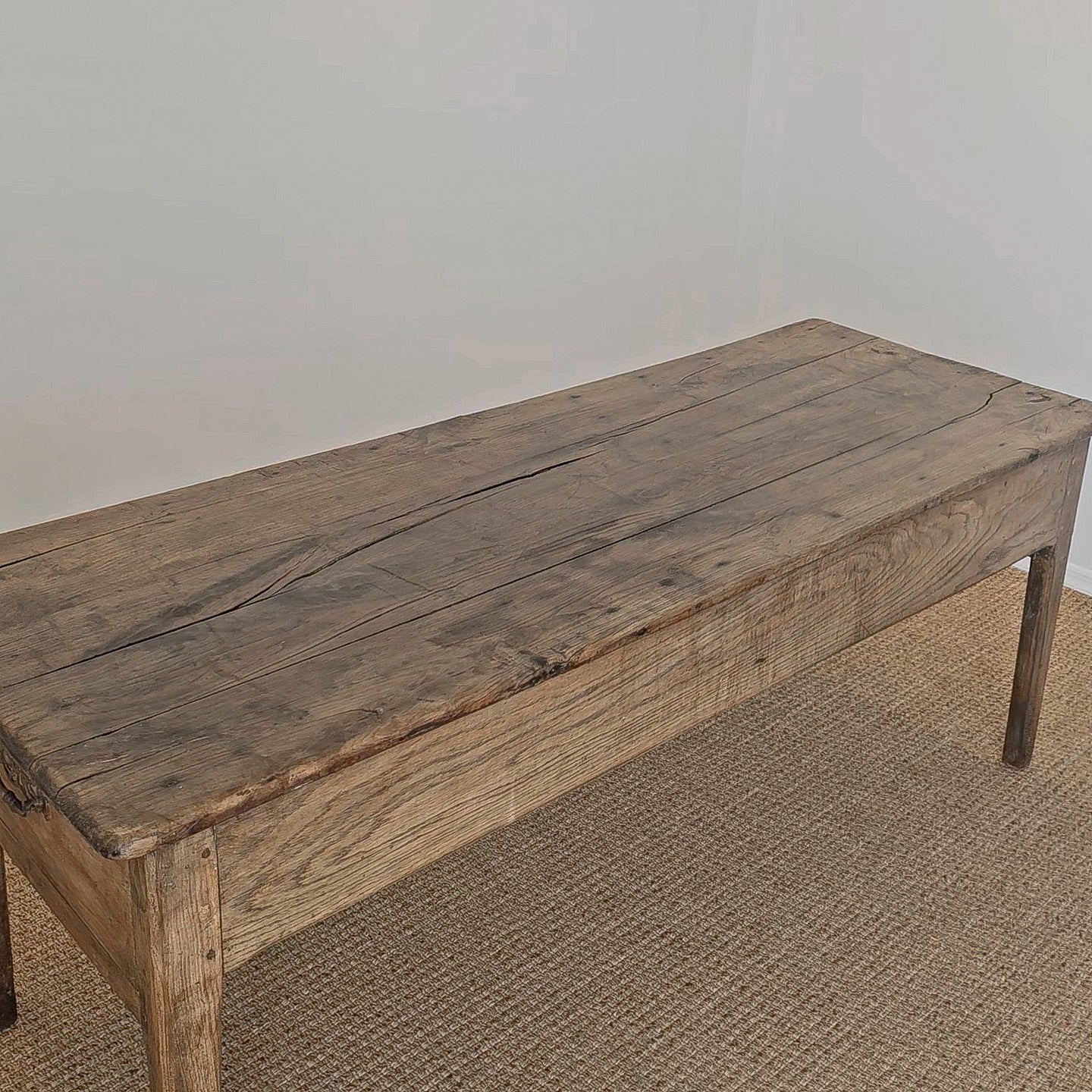 Antique French Elm Farm Dining Table with Drawers - Circa 1870