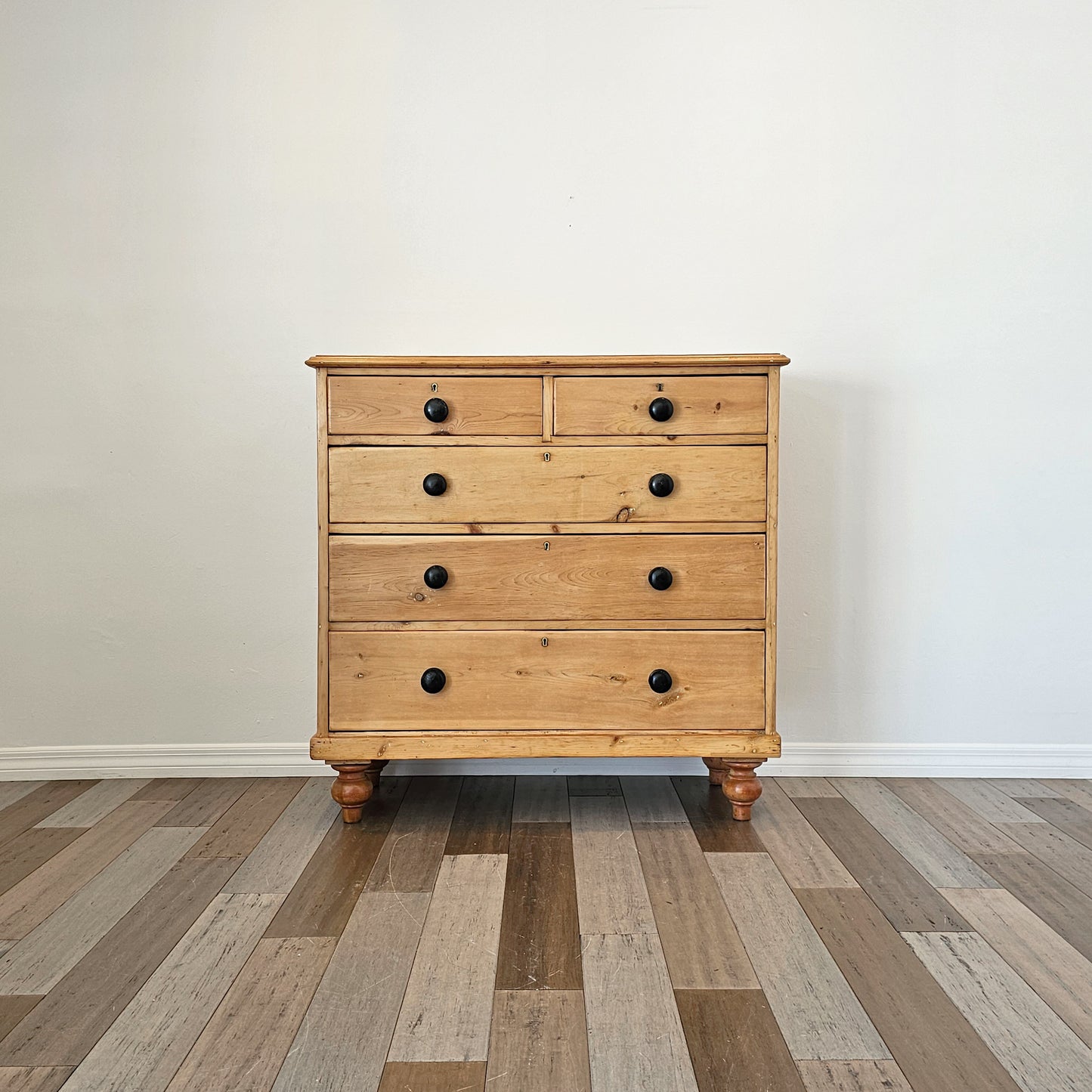 Antique English Pine Chest of Drawers (Dresser) with Dark Knobs - Circa 1880