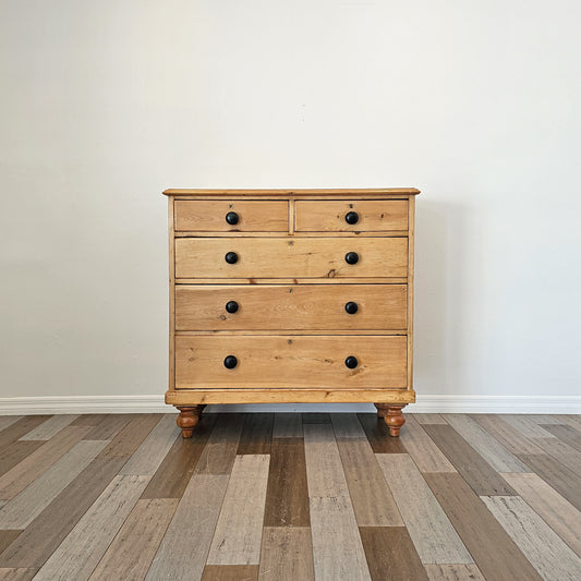 Antique English Pine Chest of Drawers (Dresser) with Dark Knobs - Circa 1880