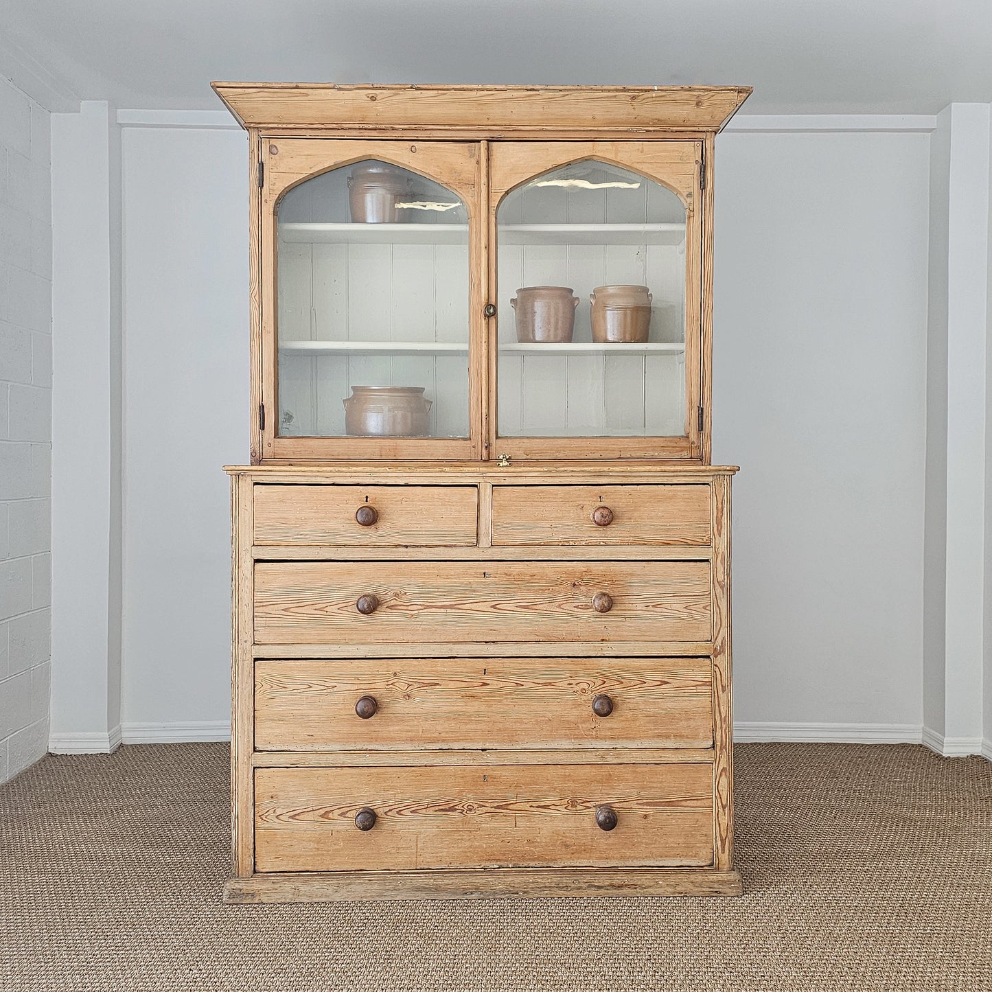 Antique English Pine Glazed Dresser Display Cabinet - Circa 1880