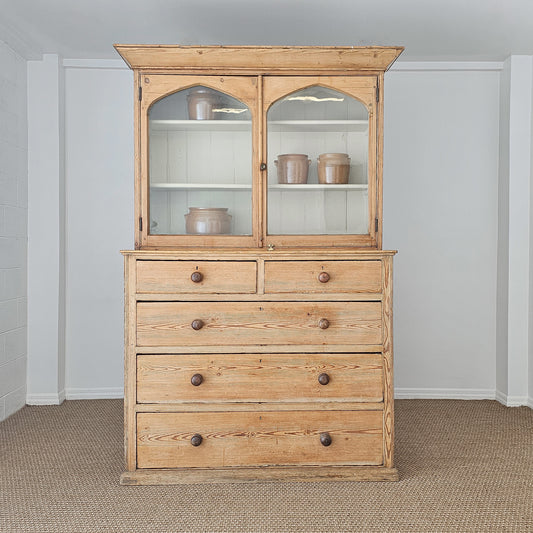 Antique English Pine Glazed Dresser Display Cabinet - Circa 1880