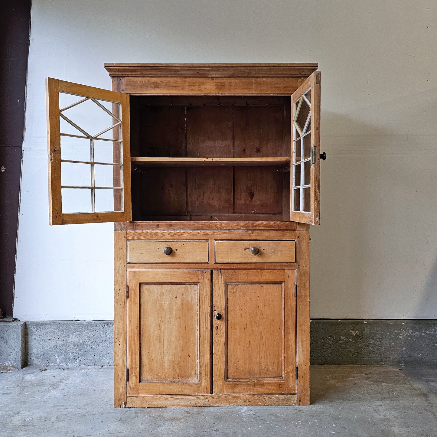 Antique English Pine Cupboard with glass doors - 1870