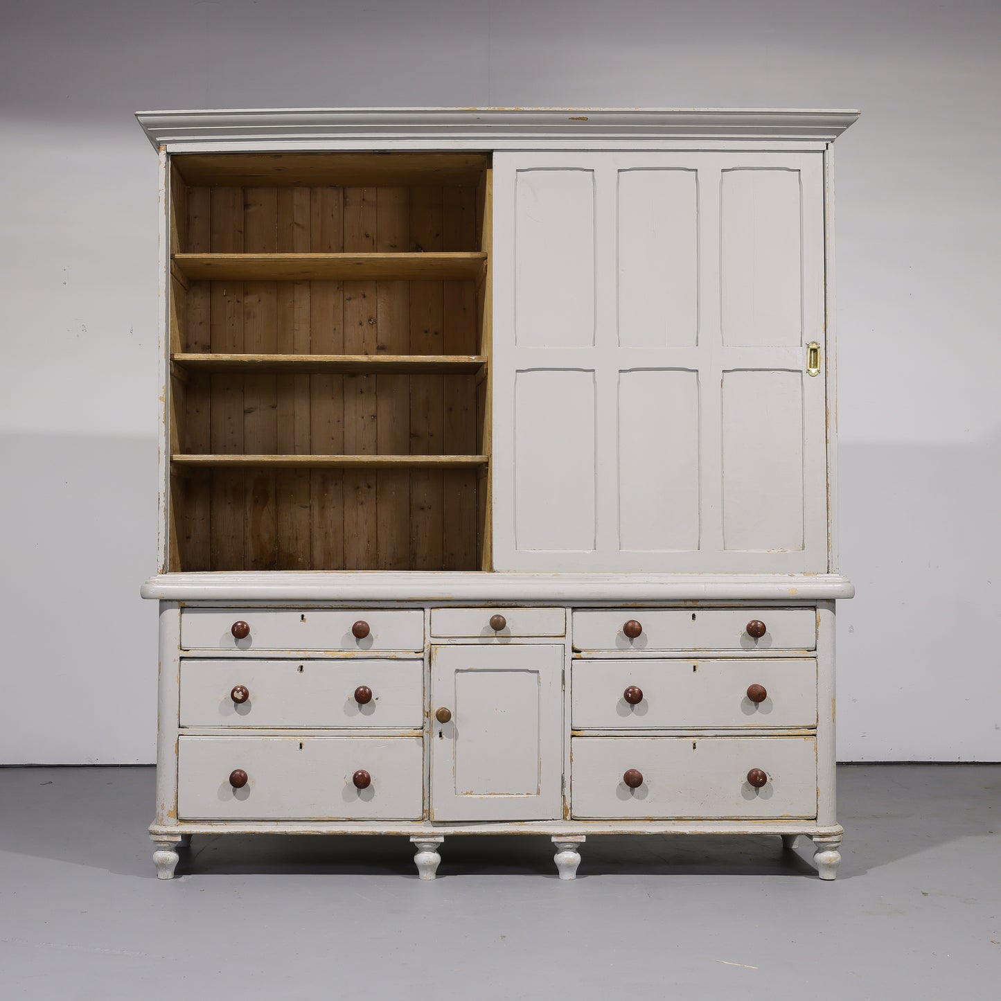 Massive Antique English Painted Pine Housekeeper’s Cupboard Sliding Doors Circa 1880