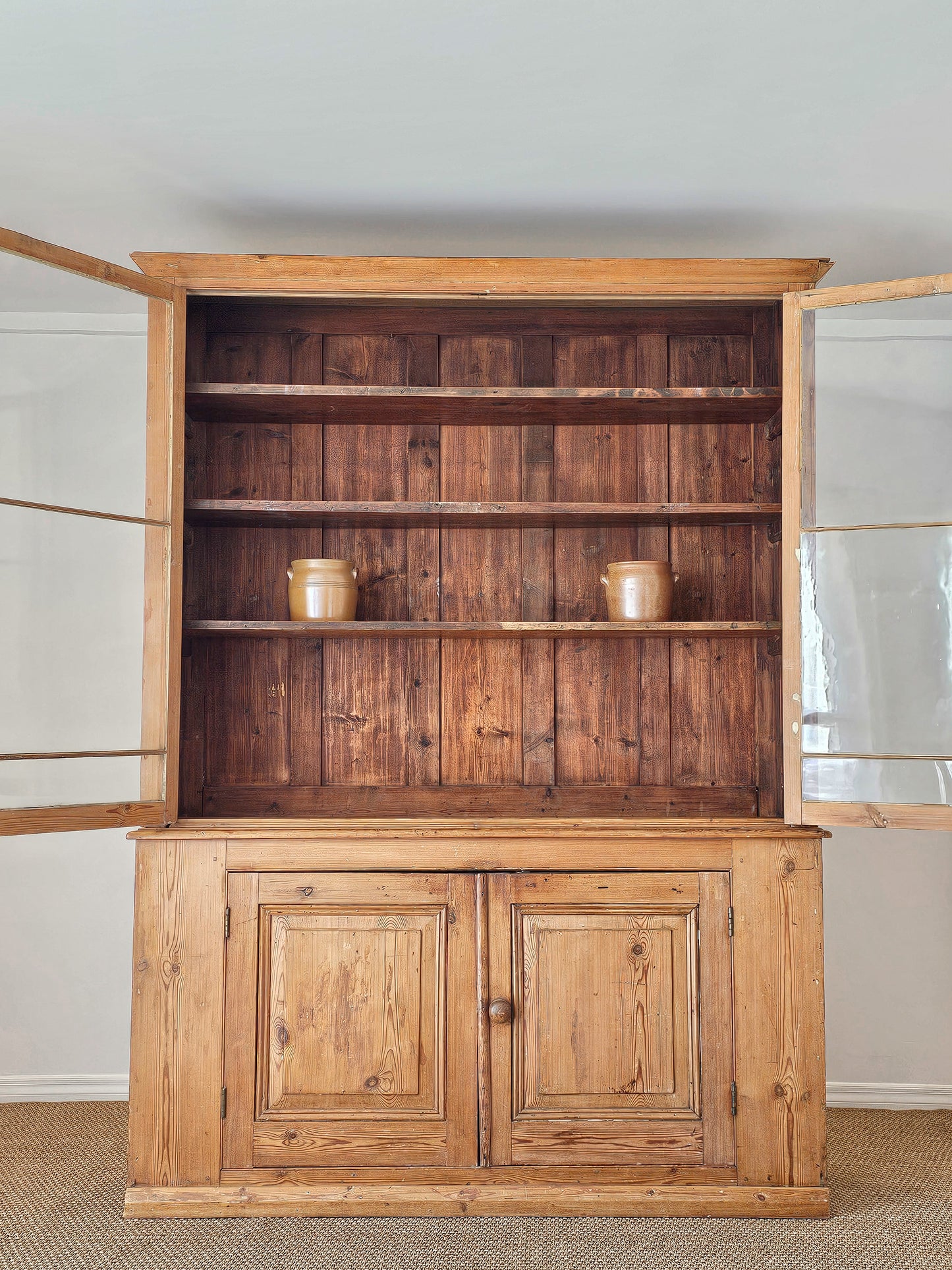 Grand Antique English Pine Cabinet with Glass Doors - Circa 1890