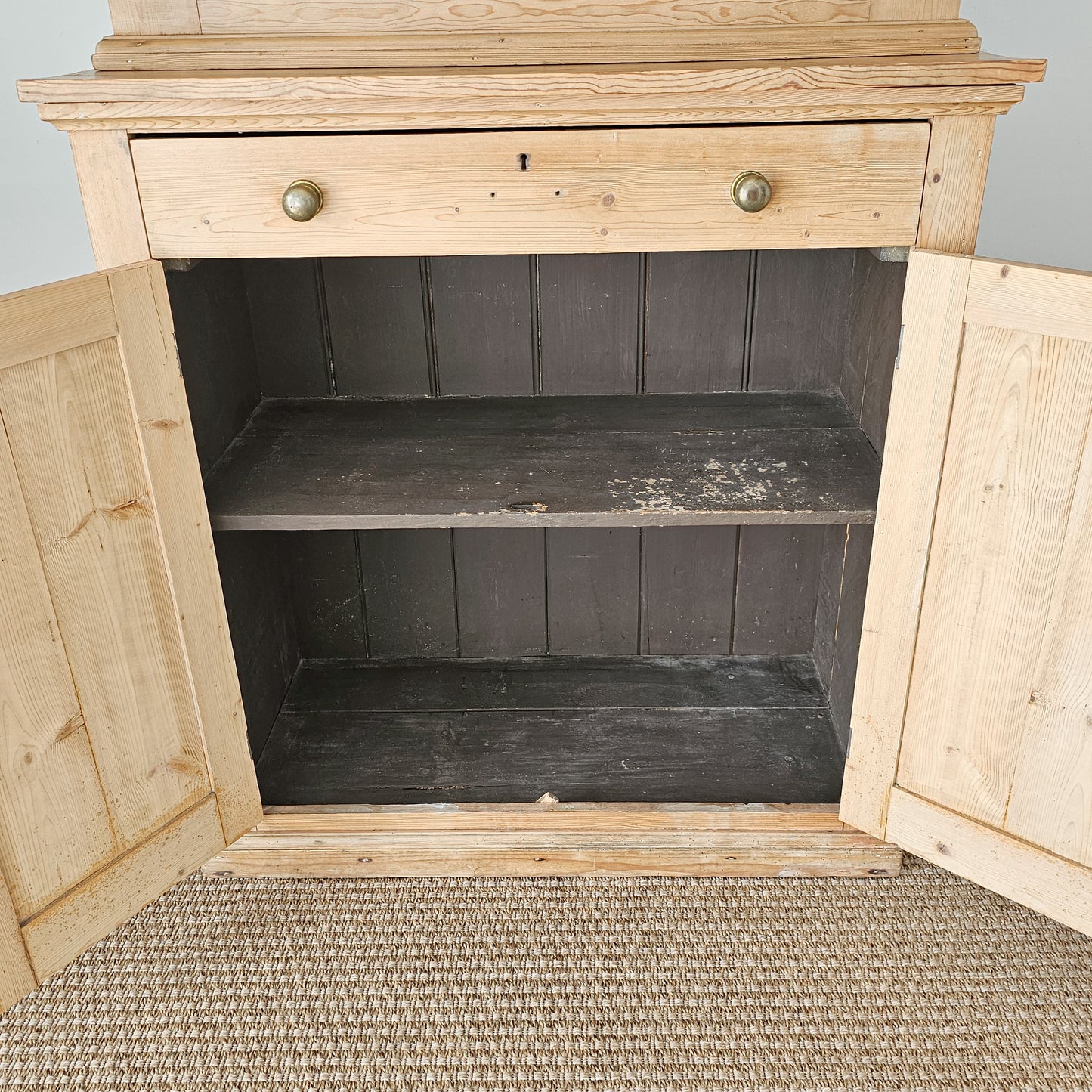 Antique English Pine Farmhouse Hutch with Glass Doors | Circa 1870