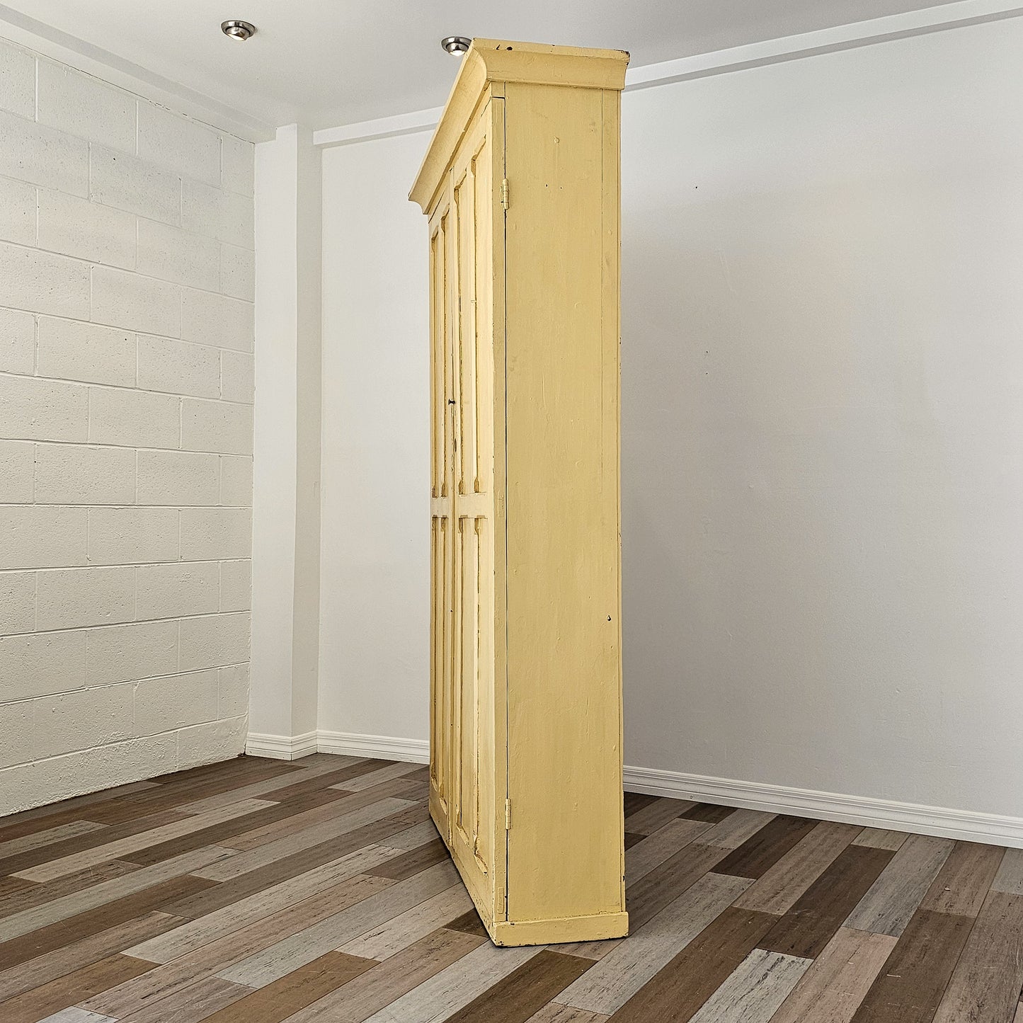 Antique Pale Yellow Painted Pine Cabinet - Circa 1905