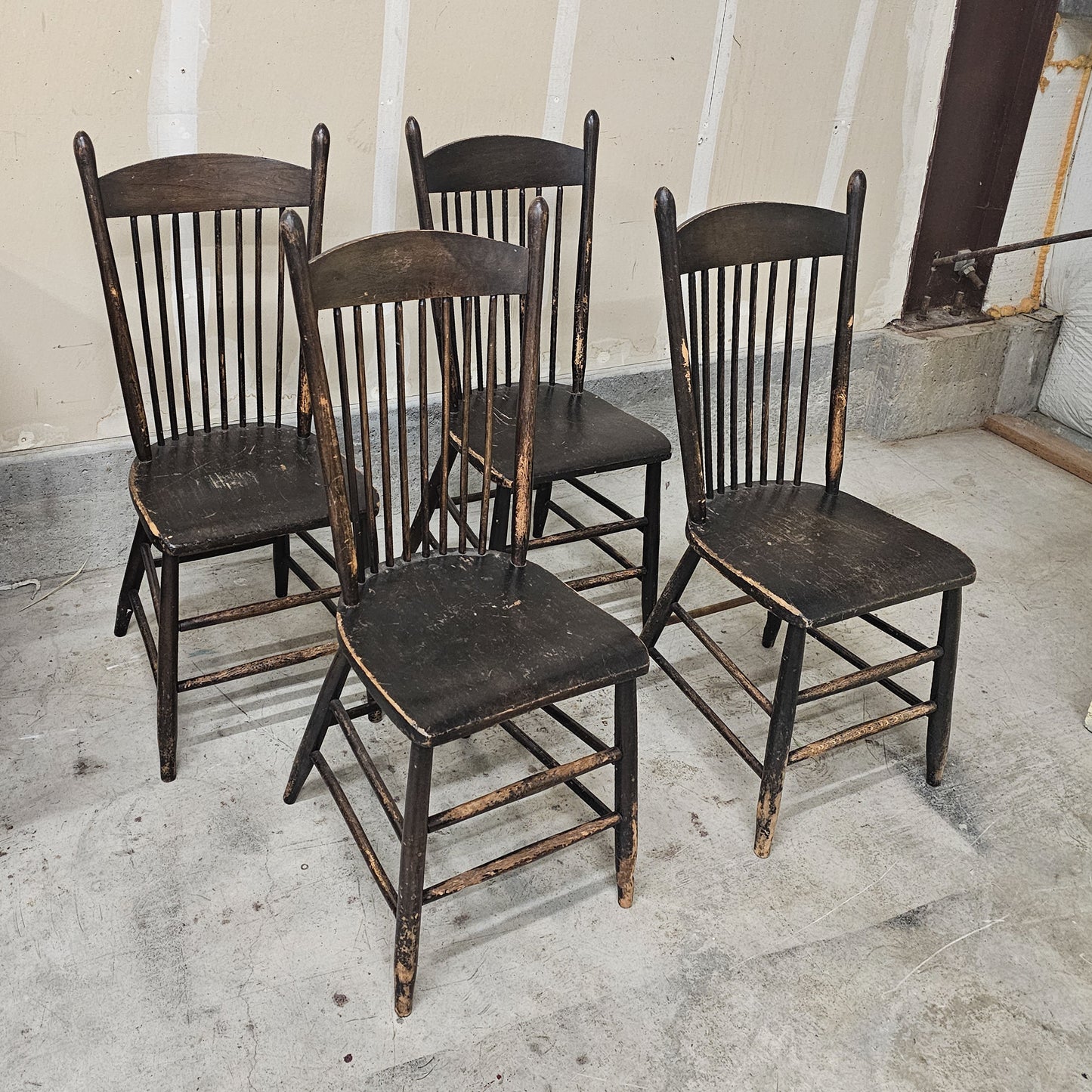 Set of 4 vintage farmhouse spindle-back chairs