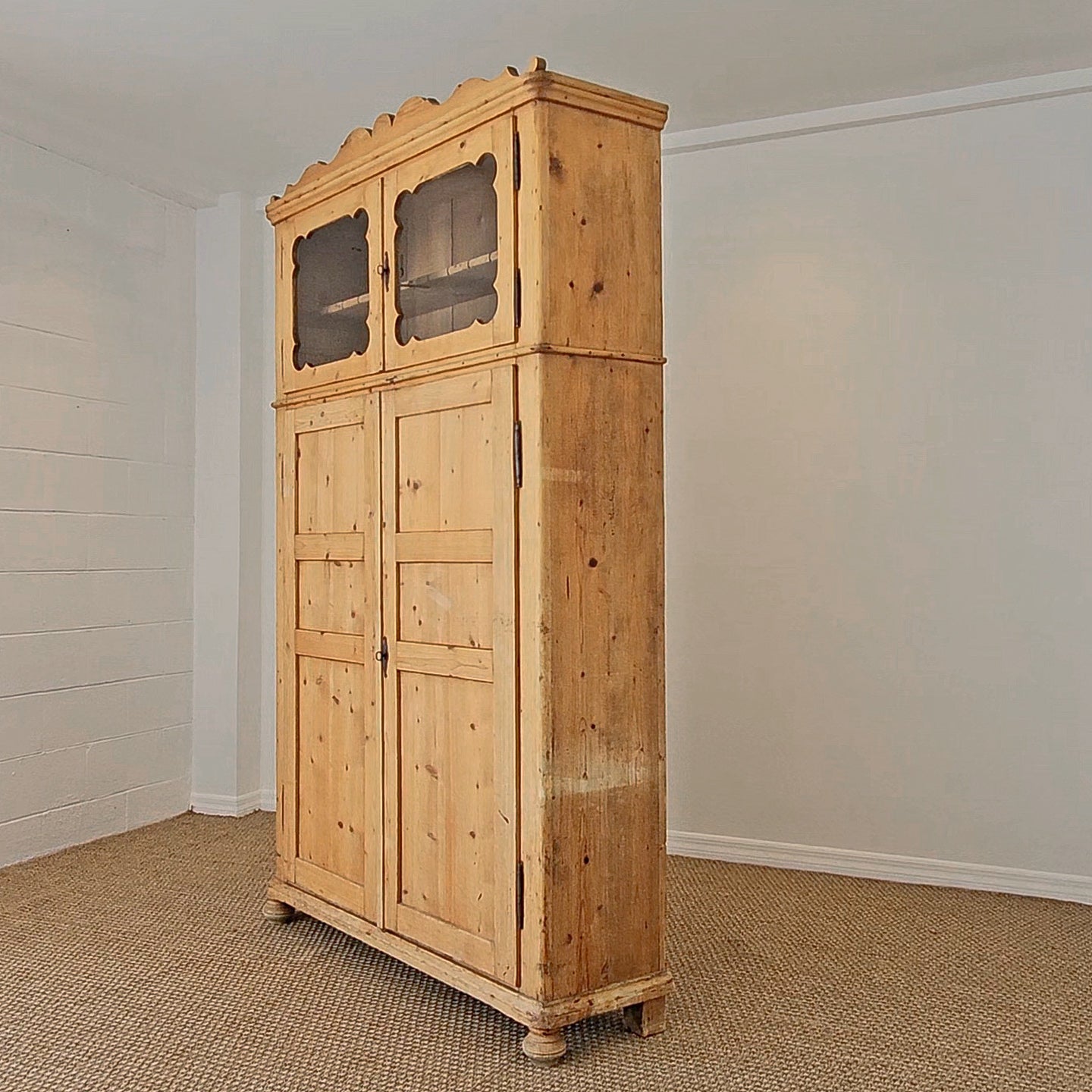 Antique Dutch Pine Kitchen Cabinet with glass doors