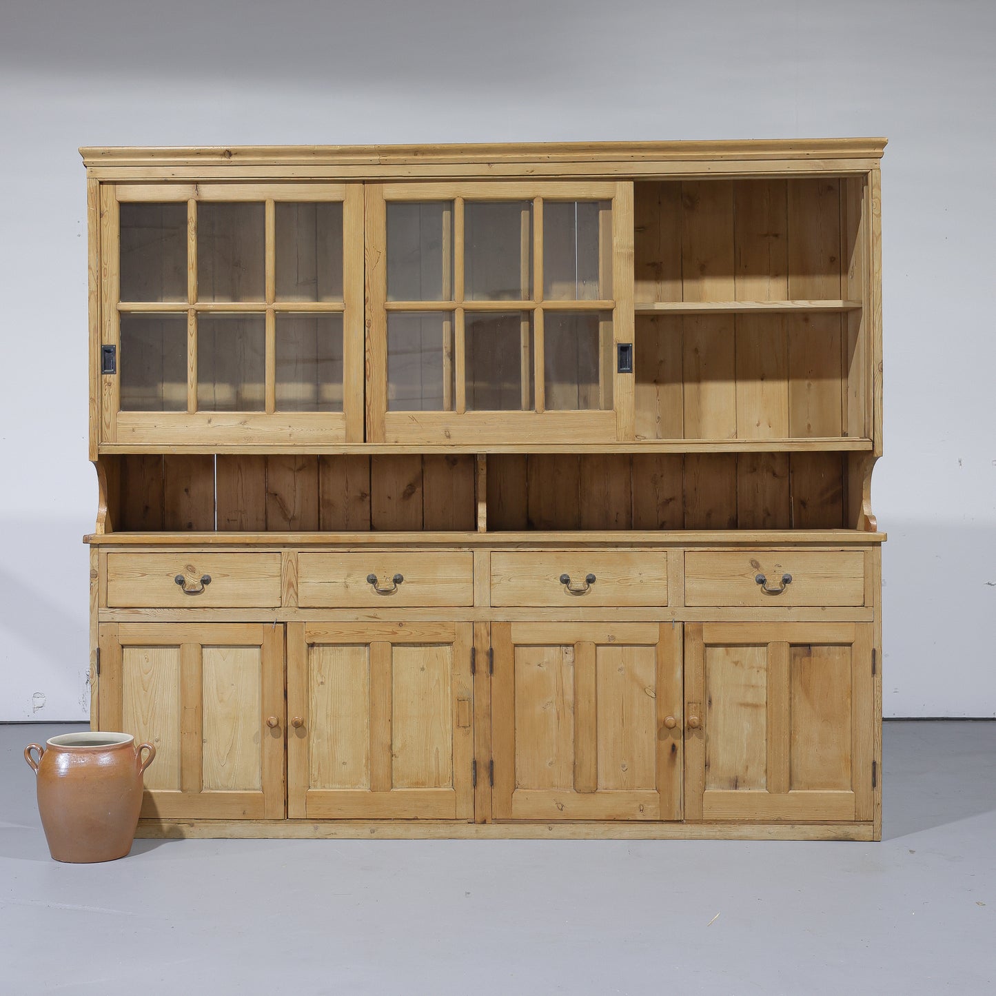 Massive Antique Pine Glazed Dresser with Sliding Doors | Circa 1880