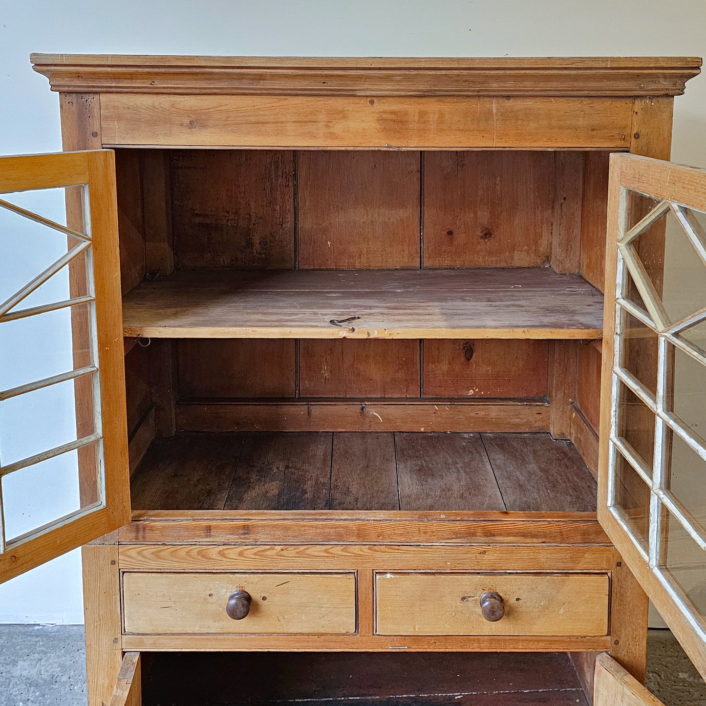 Antique English Pine Cupboard with glass doors - 1870