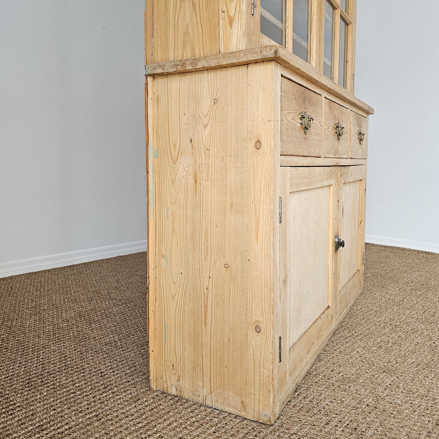 Antique English Pine Glass Door Hutch Cabinet | Circa 1880
