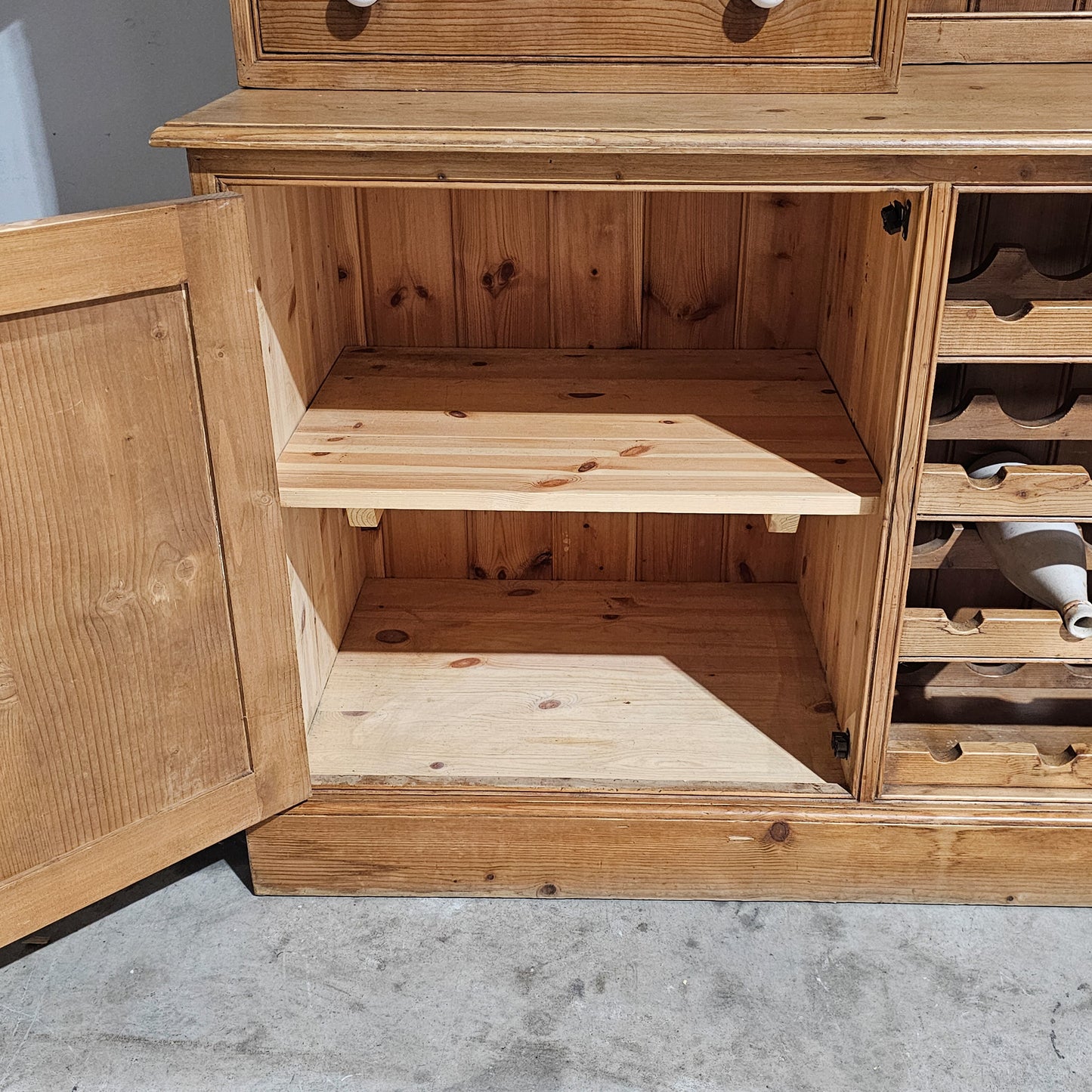 Vintage English Pine Kitchen Dresser with Plate Rack & Wine Storage