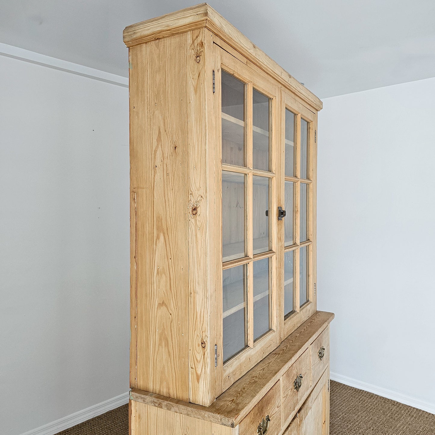 Antique English Pine Glass Door Hutch Cabinet | Circa 1880