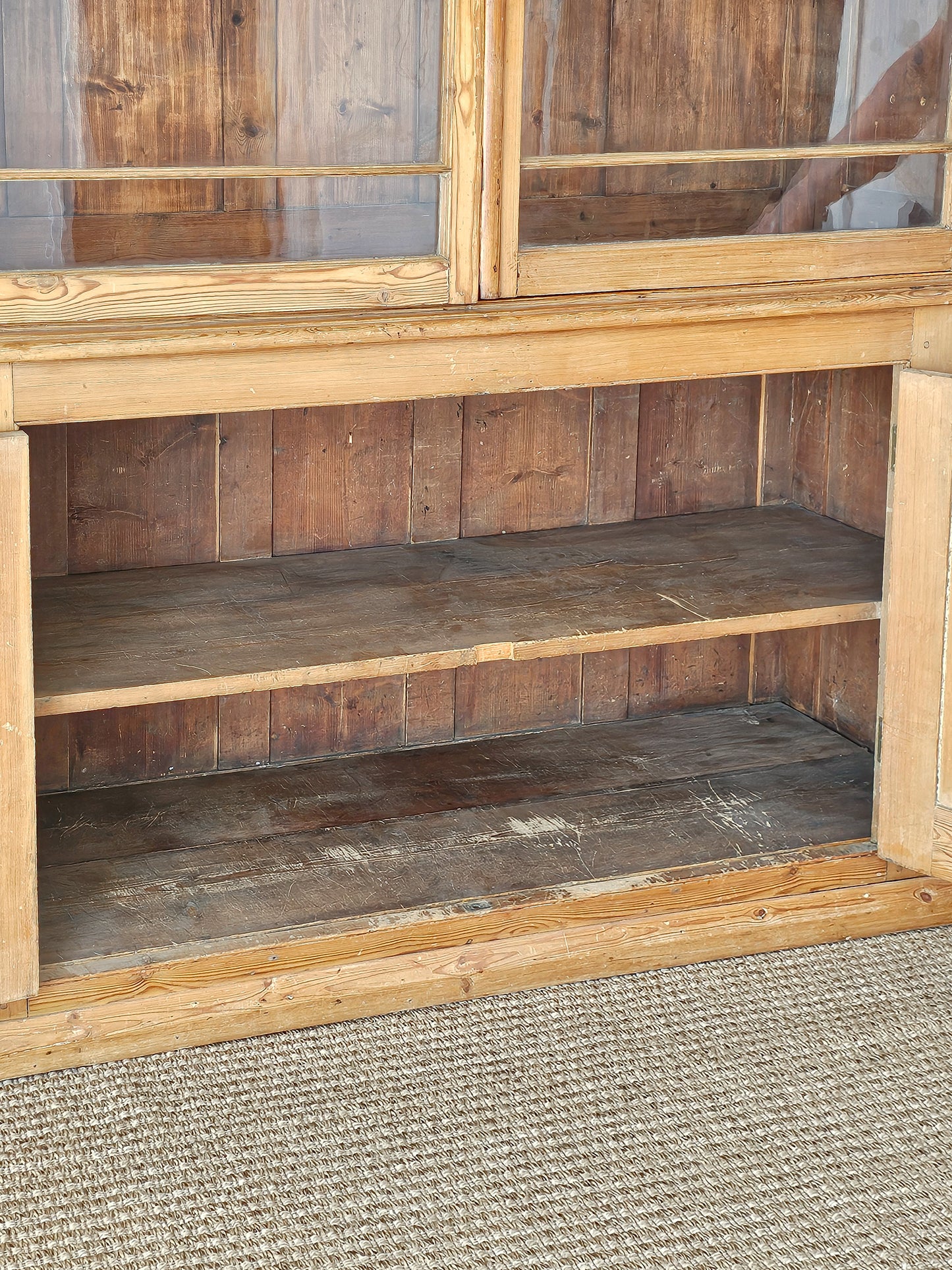 Grand Antique English Pine Cabinet with Glass Doors - Circa 1890