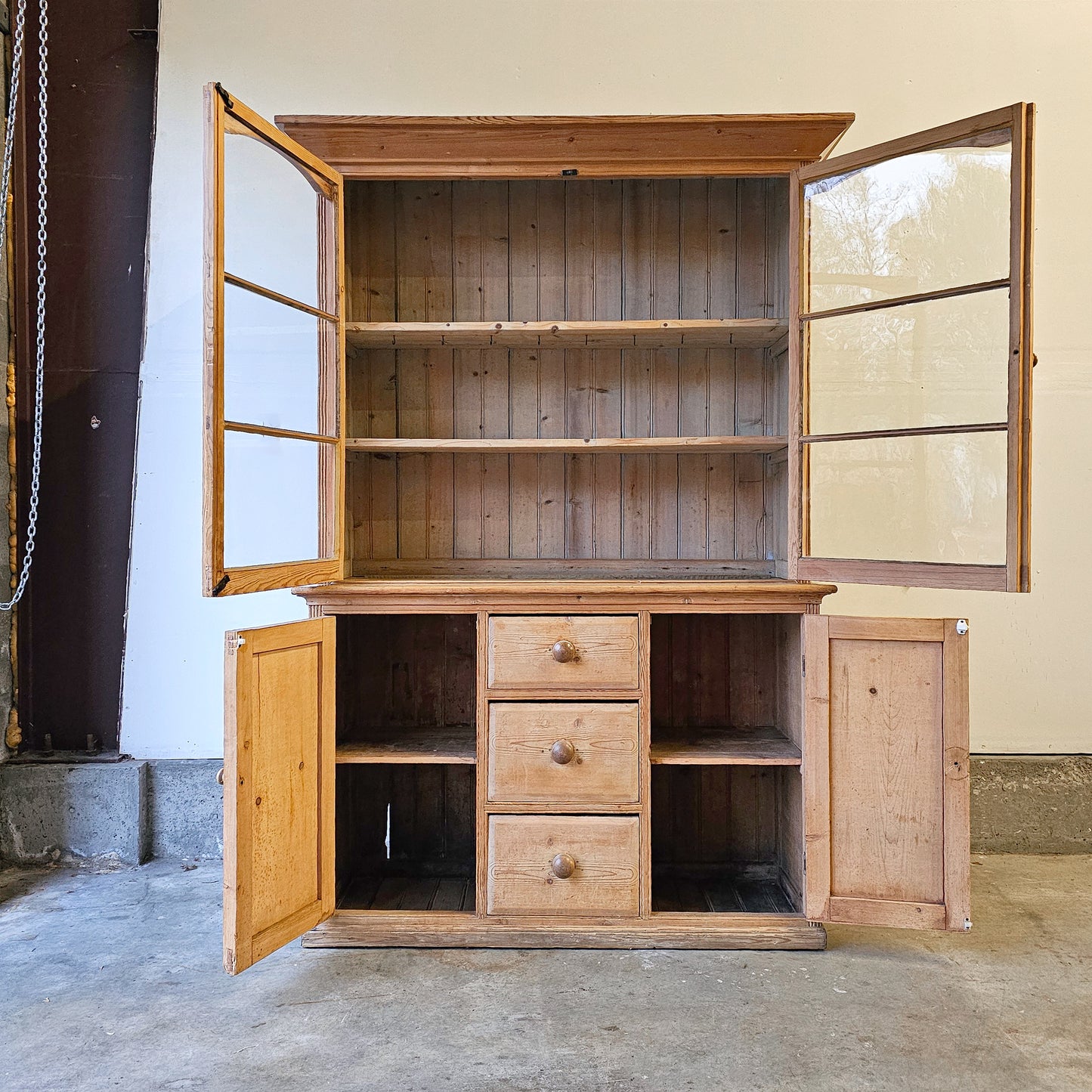 Antique Pine Glass-Front Hutch with Lower Cupboards & Drawers - Circa 1880