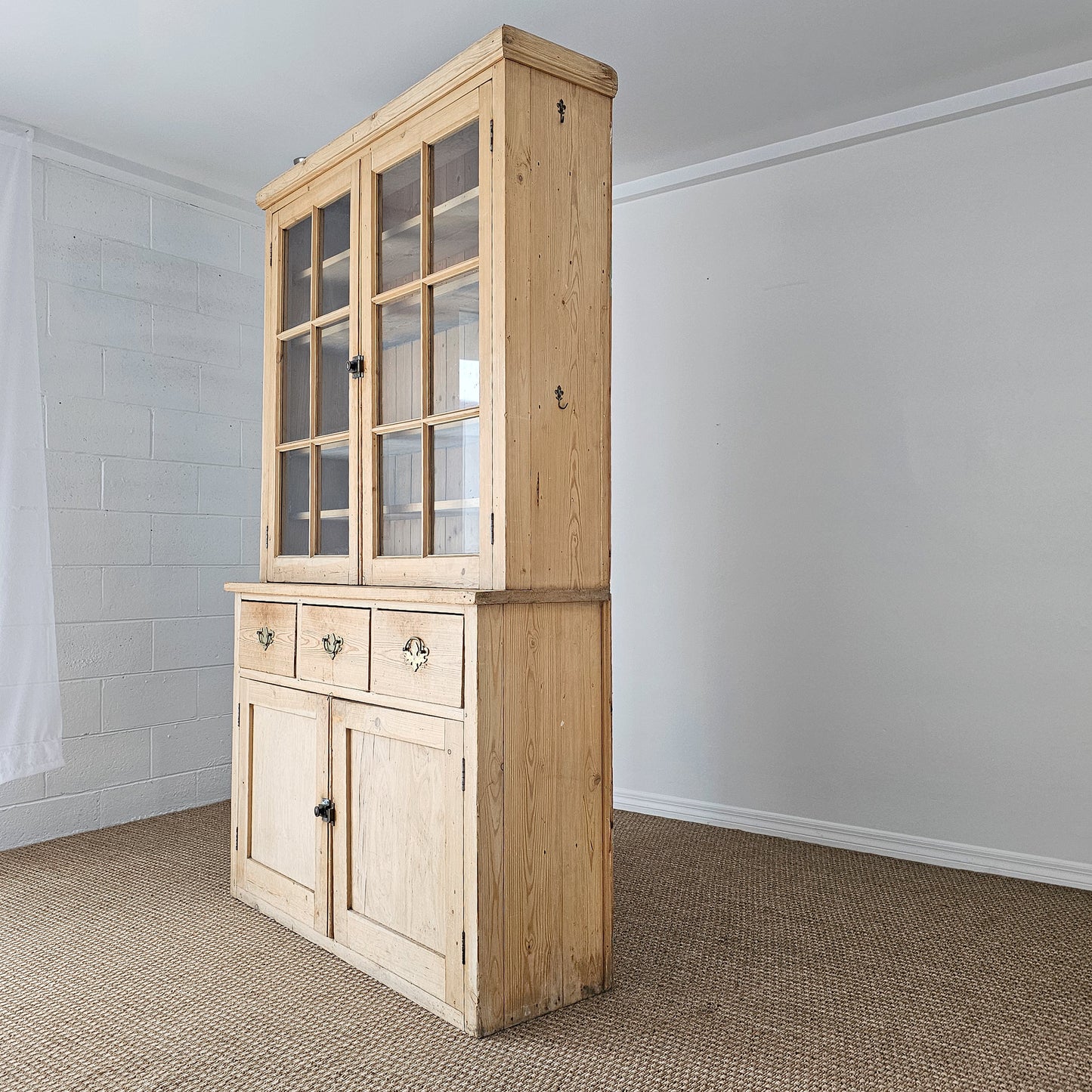 Antique English Pine Glass Door Hutch Cabinet | Circa 1880