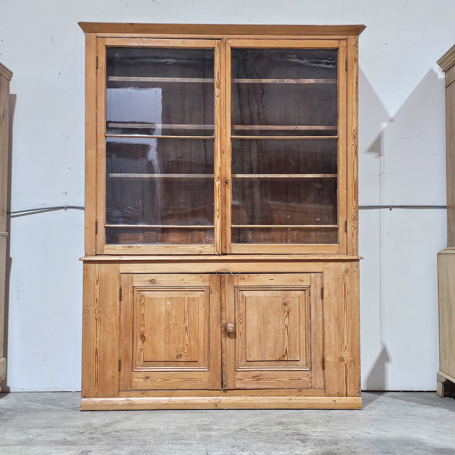 Grand Antique English Pine Cabinet with Glass Doors - Circa 1890