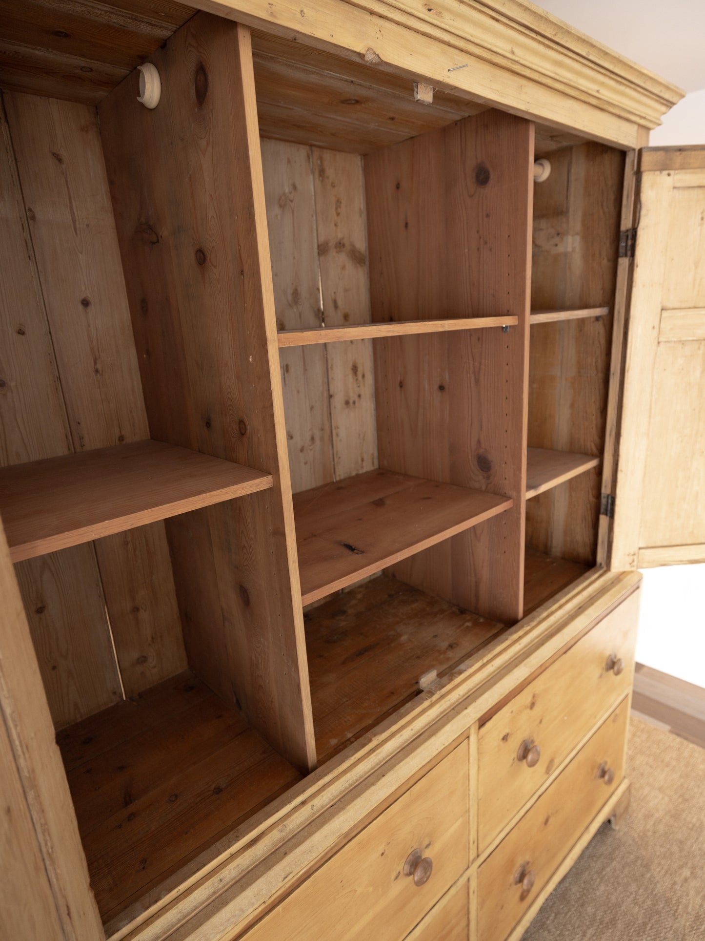 Antique English Pine Linen Press / Wardrobe - circa 1870