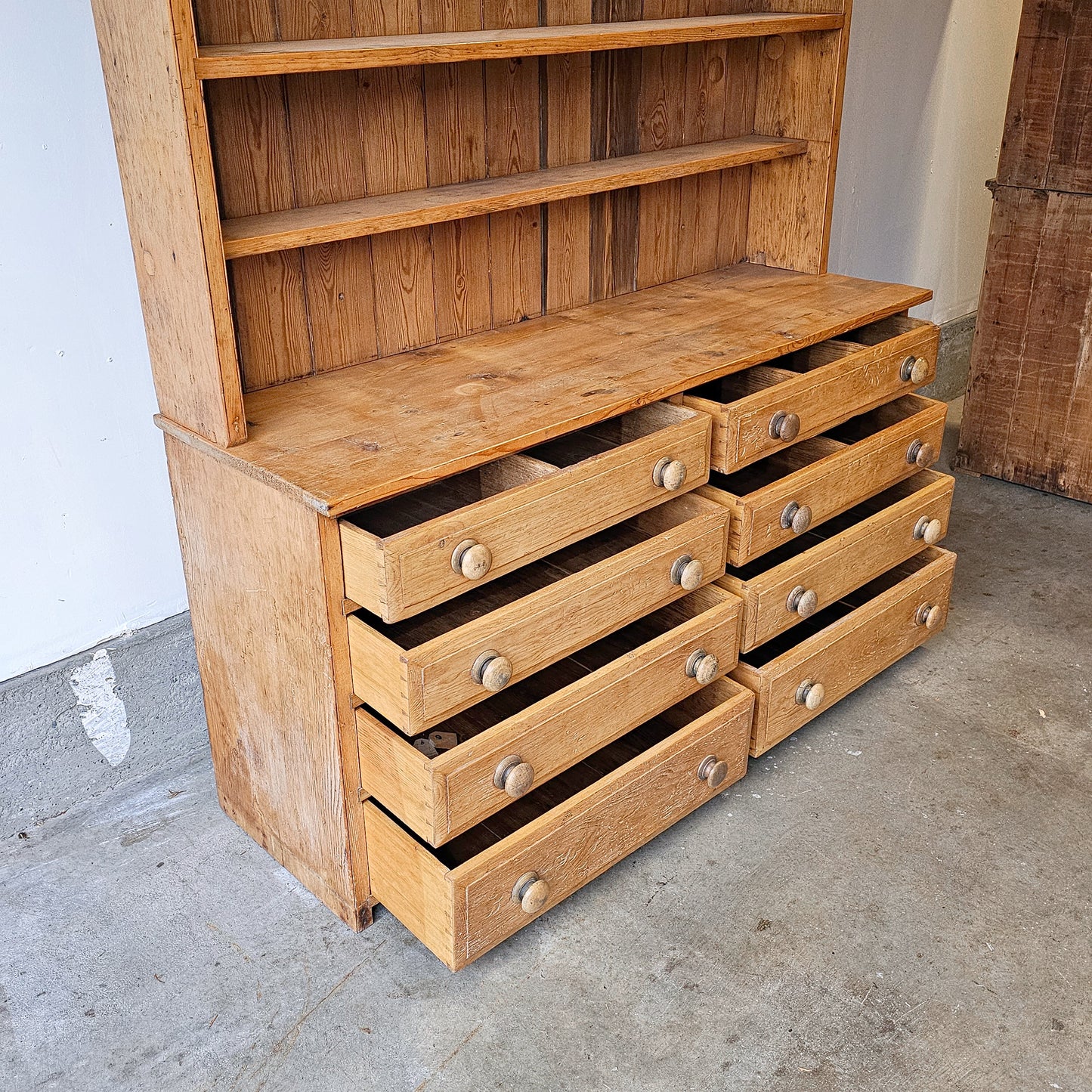 Antique English Kitchen Pine Hutch with 8 drawers base - 1890