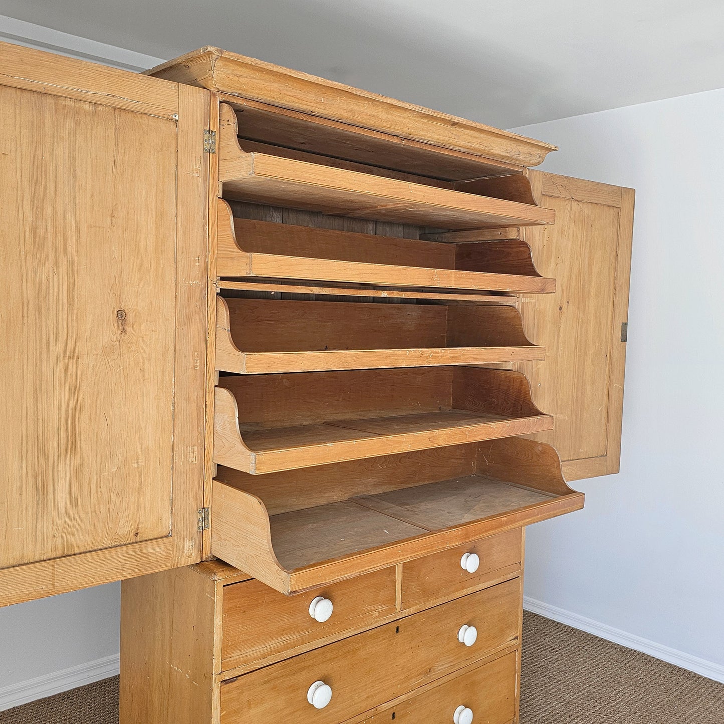 Antique English Pine Linen Press / Wardrobe - Circa 1890