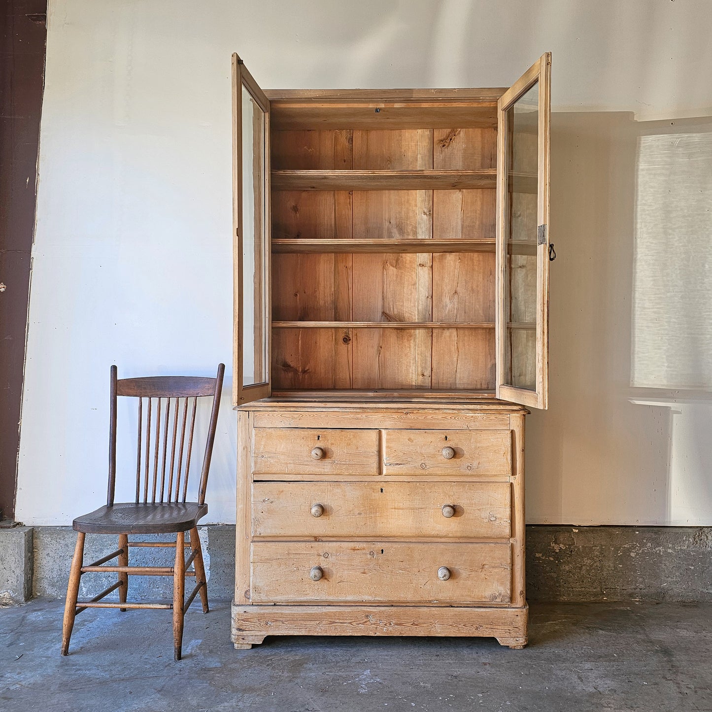Antique English Pine Glazed Dresser / Bookcase - Circa 1880