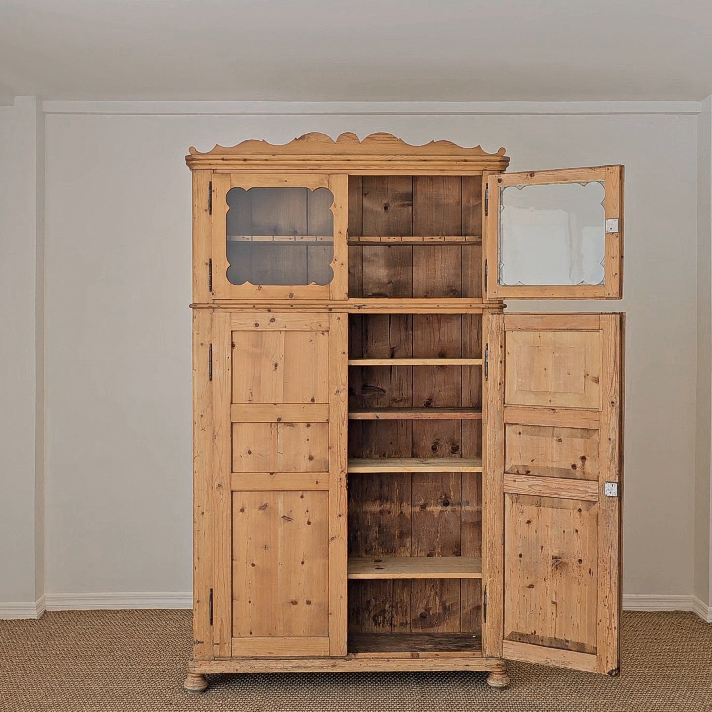 Antique Dutch Pine Kitchen Cabinet with glass doors