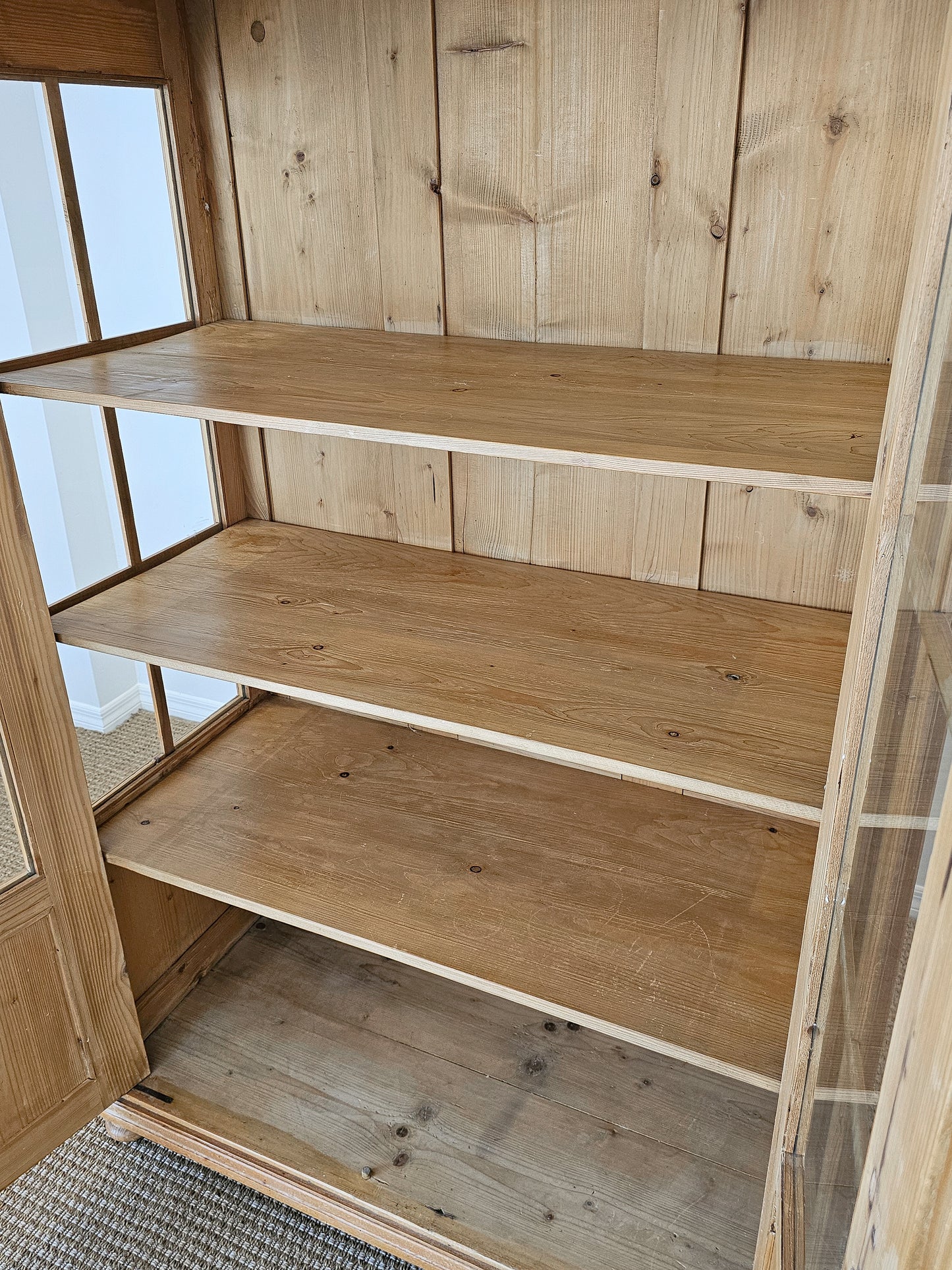 Antique English Pine Display Cabinet with glass doors