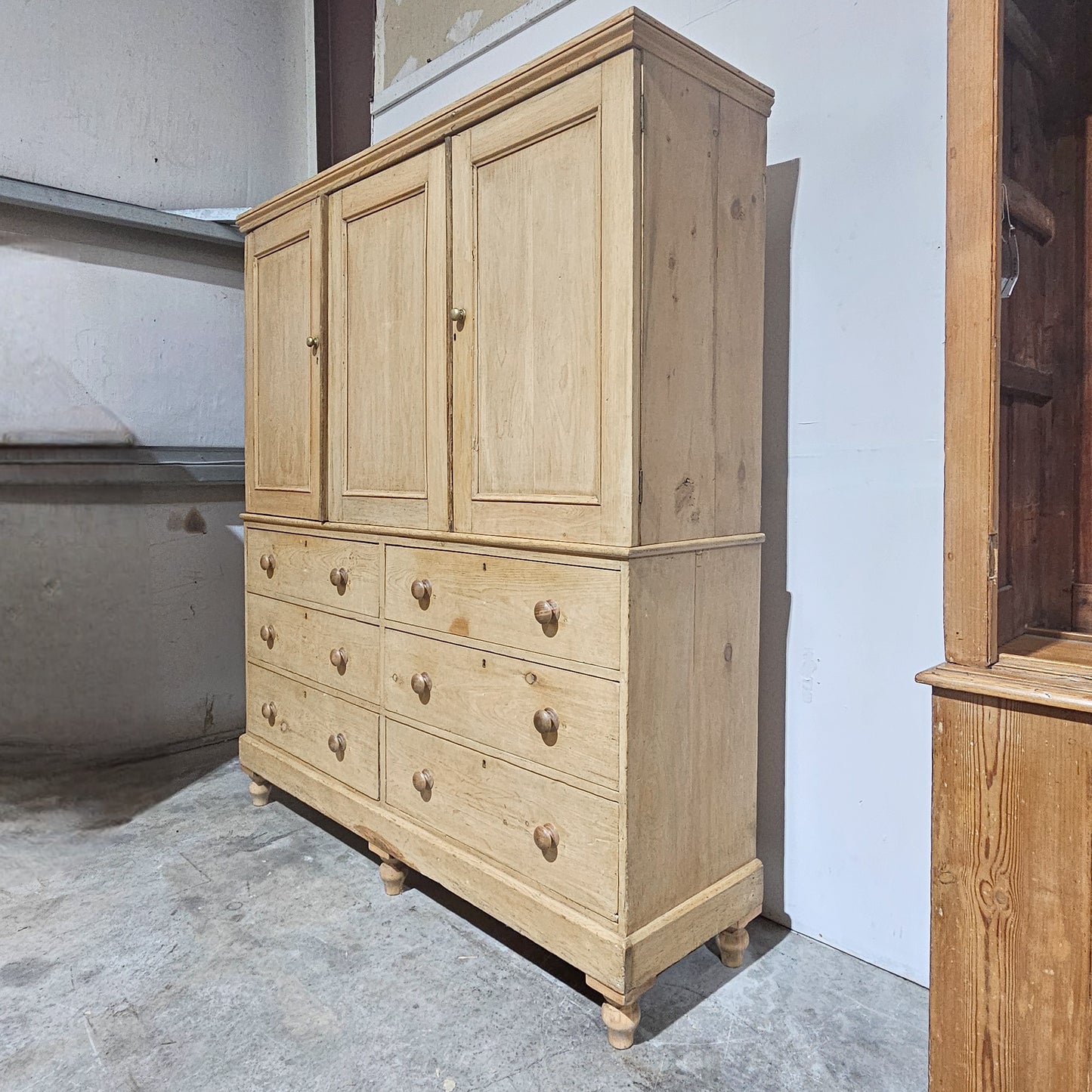Stately Antique English Bleached Pine Linen Press Wardrobe - circa 1870