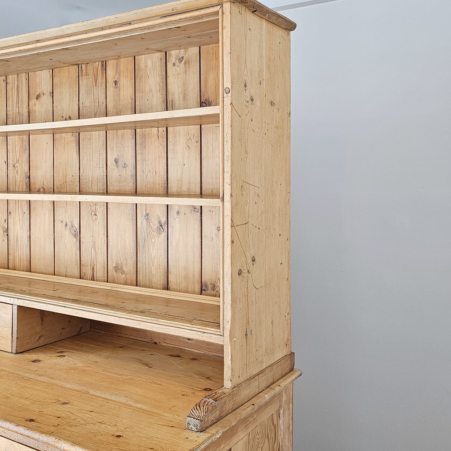 Antique English Pine Dresser Base & Plate Rack - Circa 1870