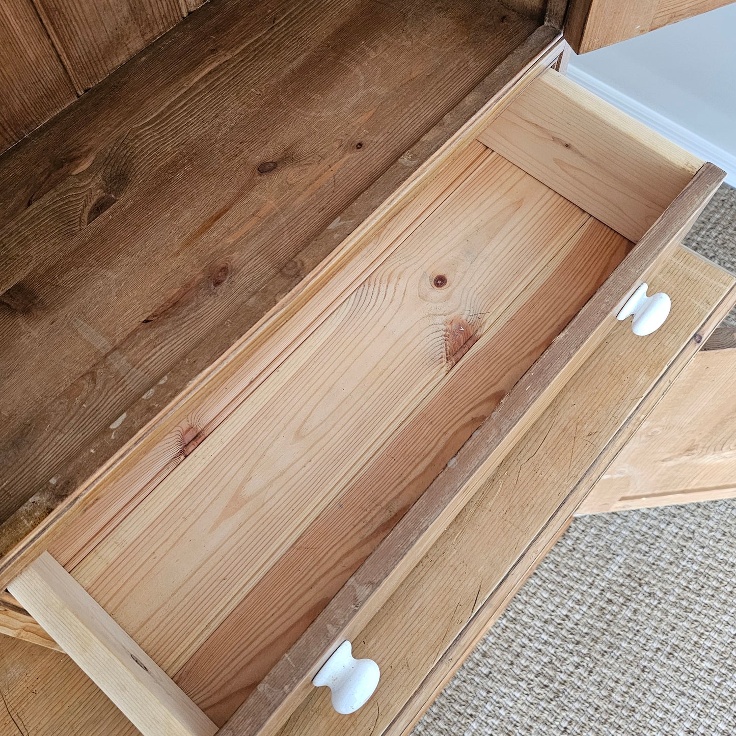Vintage English Pine Kitchen Hutch with Plate Rack & Wine Storage