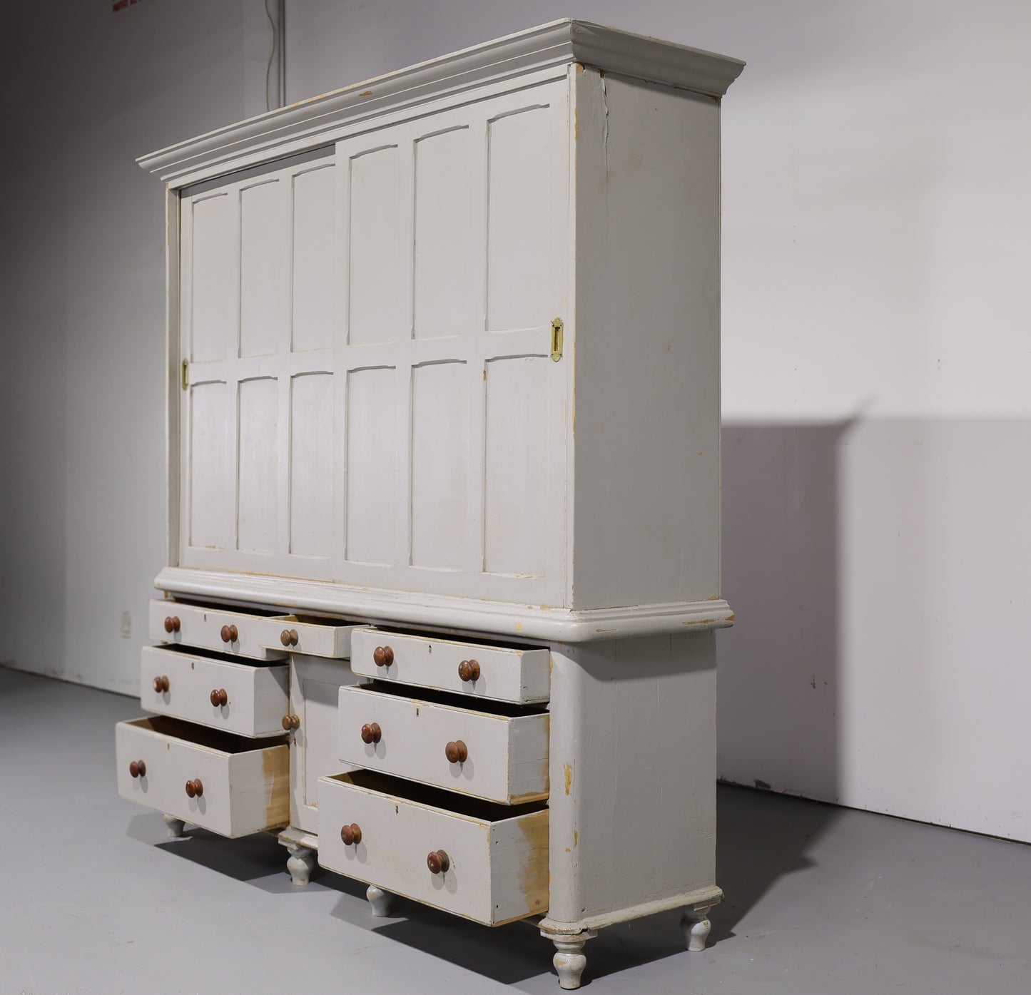 Massive Antique English Painted Pine Housekeeper’s Cupboard Sliding Doors Circa 1880