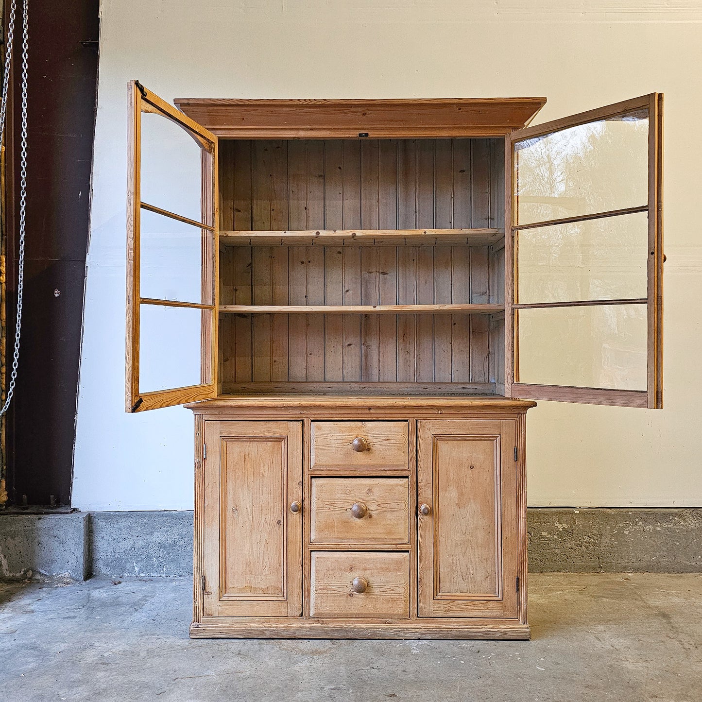 Antique Pine Glass-Front Hutch with Lower Cupboards & Drawers - Circa 1880